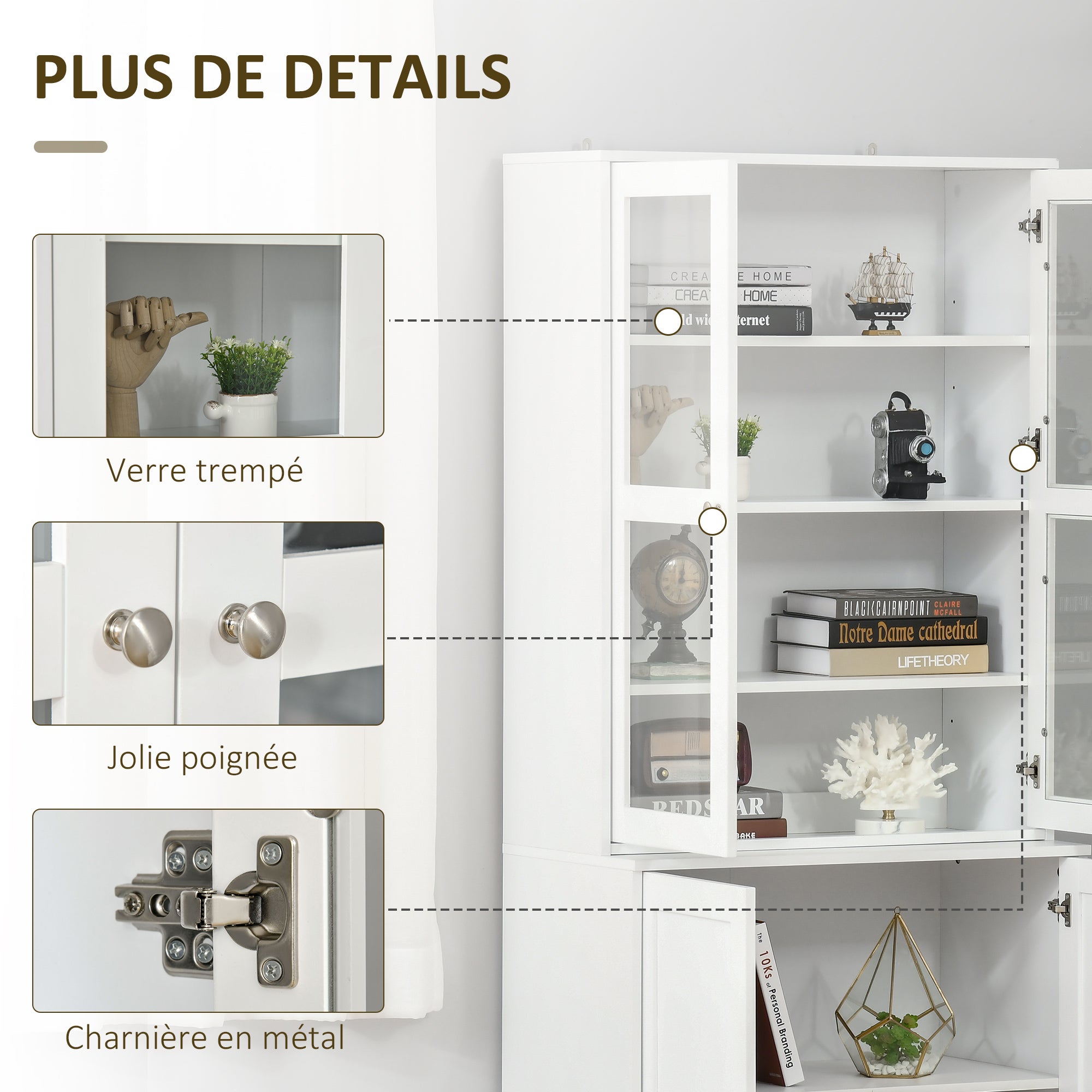 Bibliothèque vitrine, buffet salon, meuble de rangement avec 2 portes verre, 2 portes bois, 4 étagères réglables, pour salon, bureau, chambre, blanc - 7