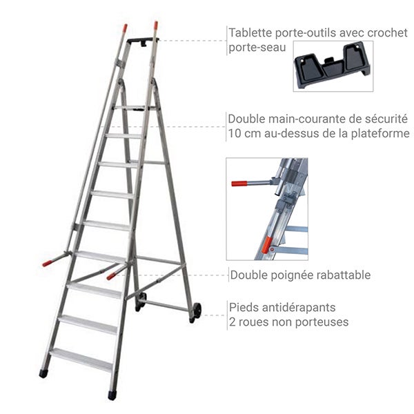 Escabeau roulant 11 marches - Hauteur de travail max. 4,52m - Largeur 0.68m - 2 poignées rabattables - QM-11 - 3