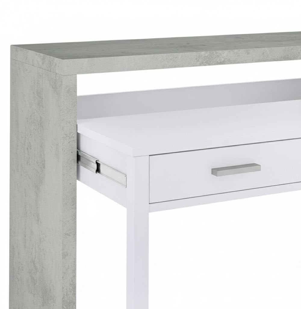 Bureau Billings, Bureau avec plateau extensible, Bureau PC avec 2 tiroirs, 99x36h88 cm, Ciment et Blanc - 9