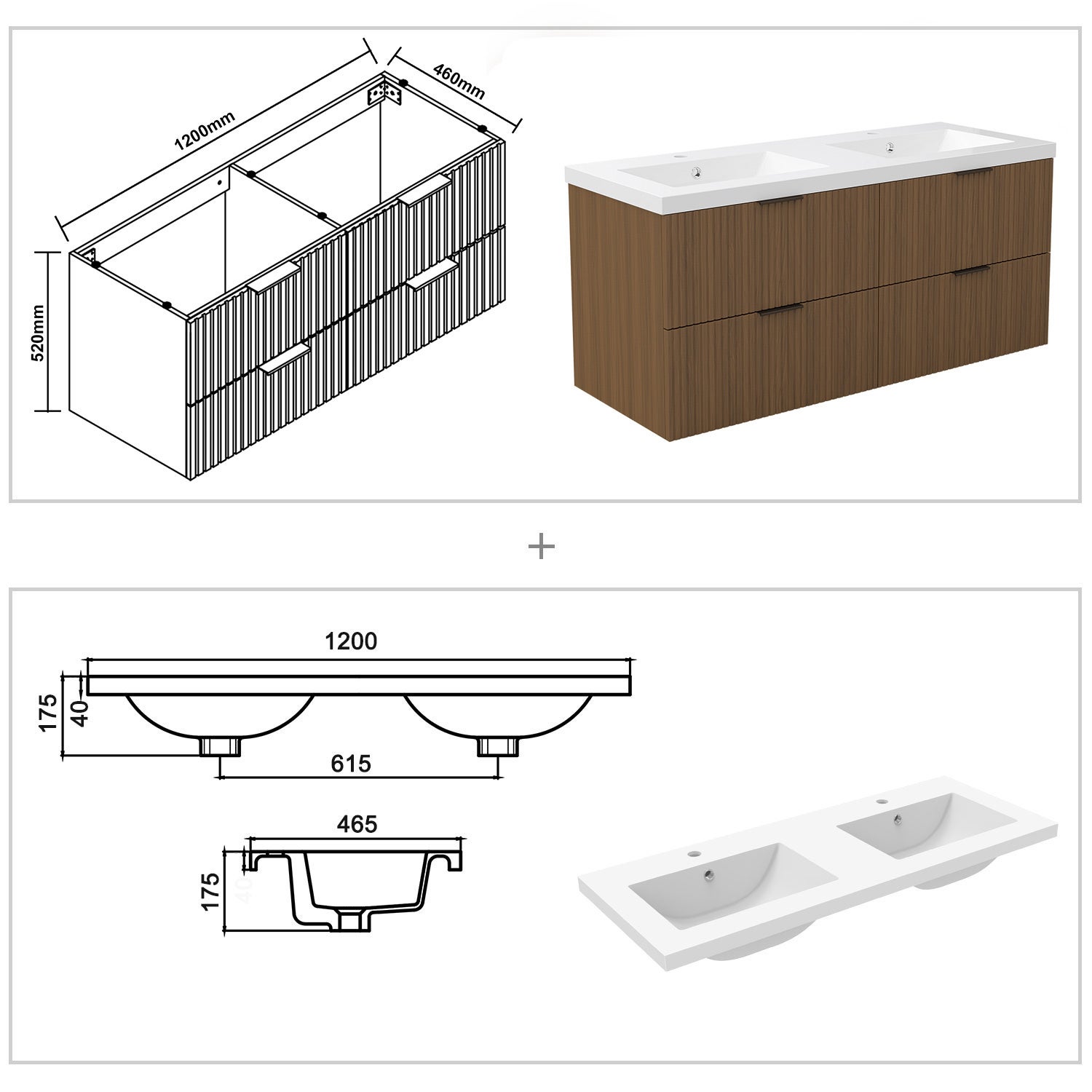 AICA Meuble de salle de bain mural Noyer 120 cm - 4 tiroirs, lavabo inclus - 3