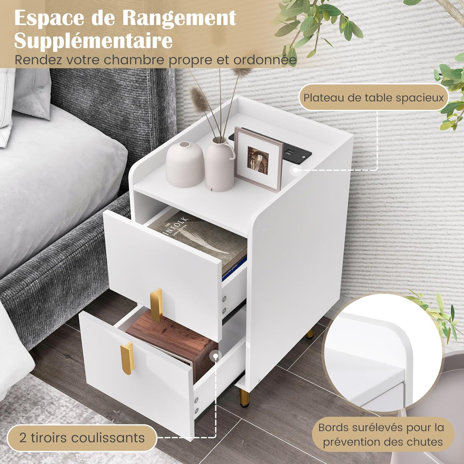 Table de Chevet avec Prise,2 Tiroirs Coulissants, 1 Passe-câble, 2 Ports USB & 3 Prises, Bords Surélevés, 40 x 32 x 60 cm(Blanc) - 3