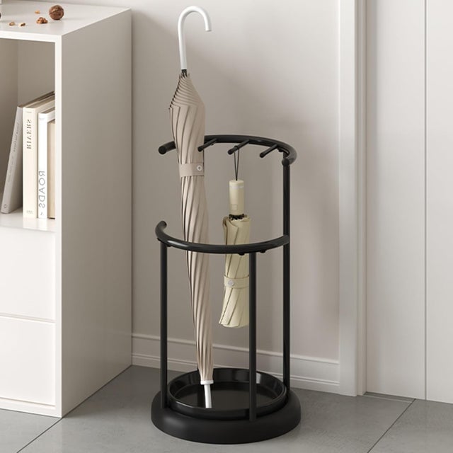 Porte-parapluie cylindrique en métal de grande capacité, seau à parapluie moderne avec cadre en métal, support de rangement pour parapluies (noir)