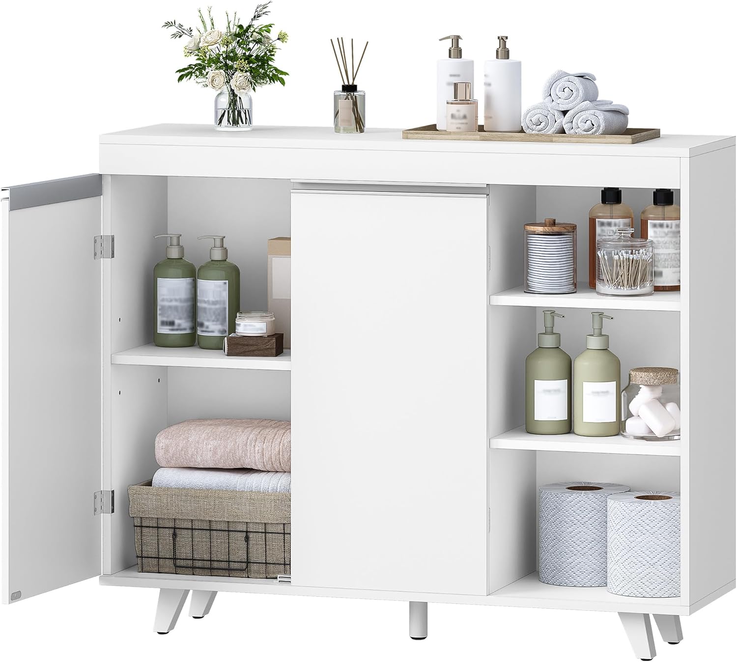 Mobile da Bagno, Armadio di stoccaggio, Mobile da cucina, con 3 Ripiani Aperti Regolabili e 2 ante, moderno, per Bagno, Soggiorno, Ingresso, Bianco - 7
