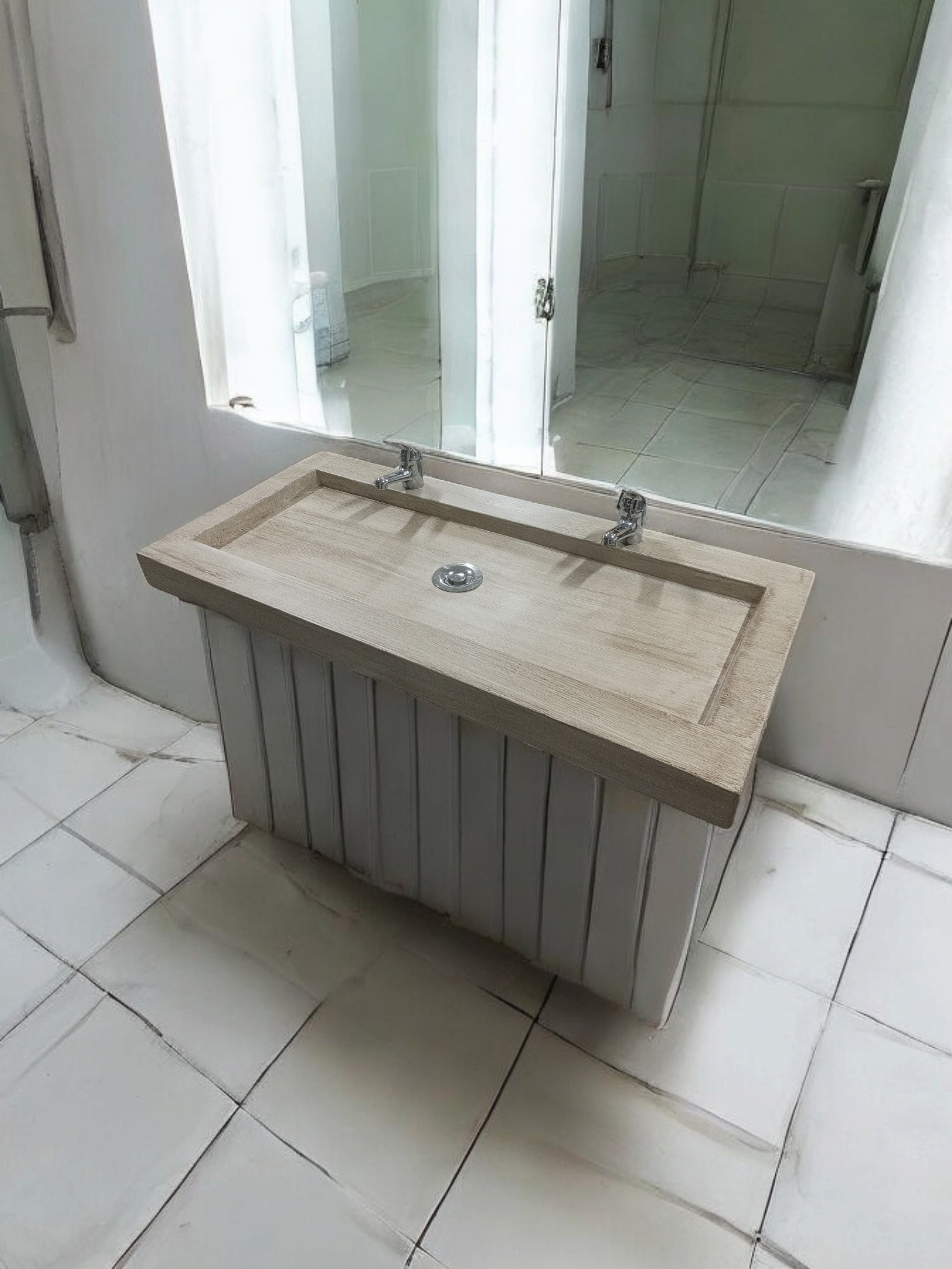 Plan vasque double en béton fibré cimenté effet bois flottant 120x47x7 , fabriqué artisanalement en France par Gakeal - 4