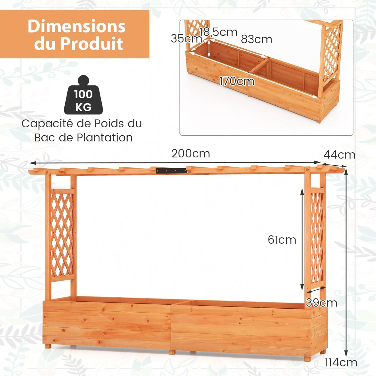 Jardinière avec 2 Treillis Latéraux Toit Suspendu en Bois de Sapin,200 x 44 x 114 cm - 4