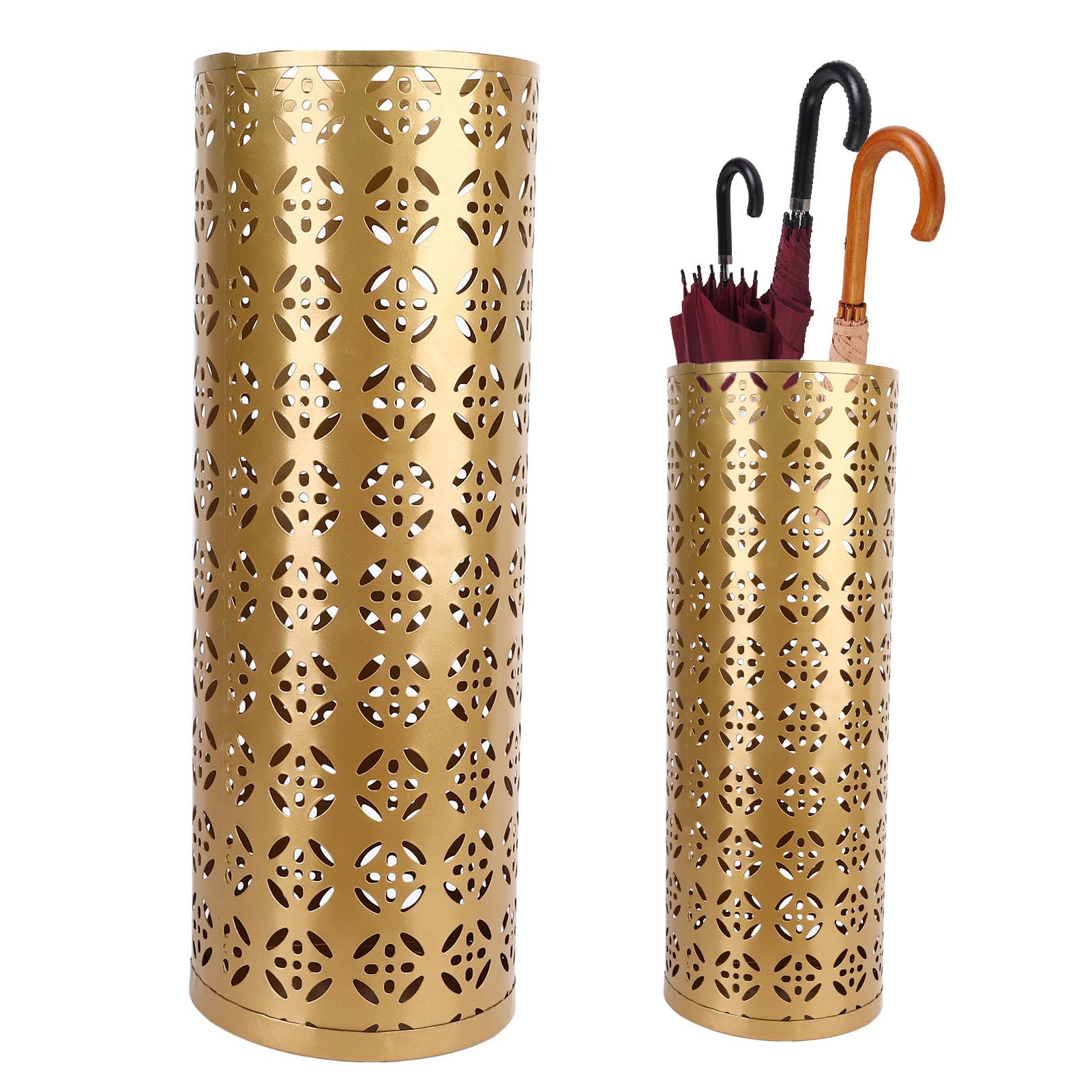 Okrągły stojak na parasole z metalu ażurowego 42x15x15cm, antykorozyjny i elegancki, do przedpokoju i biura, złoty – ComfortXL