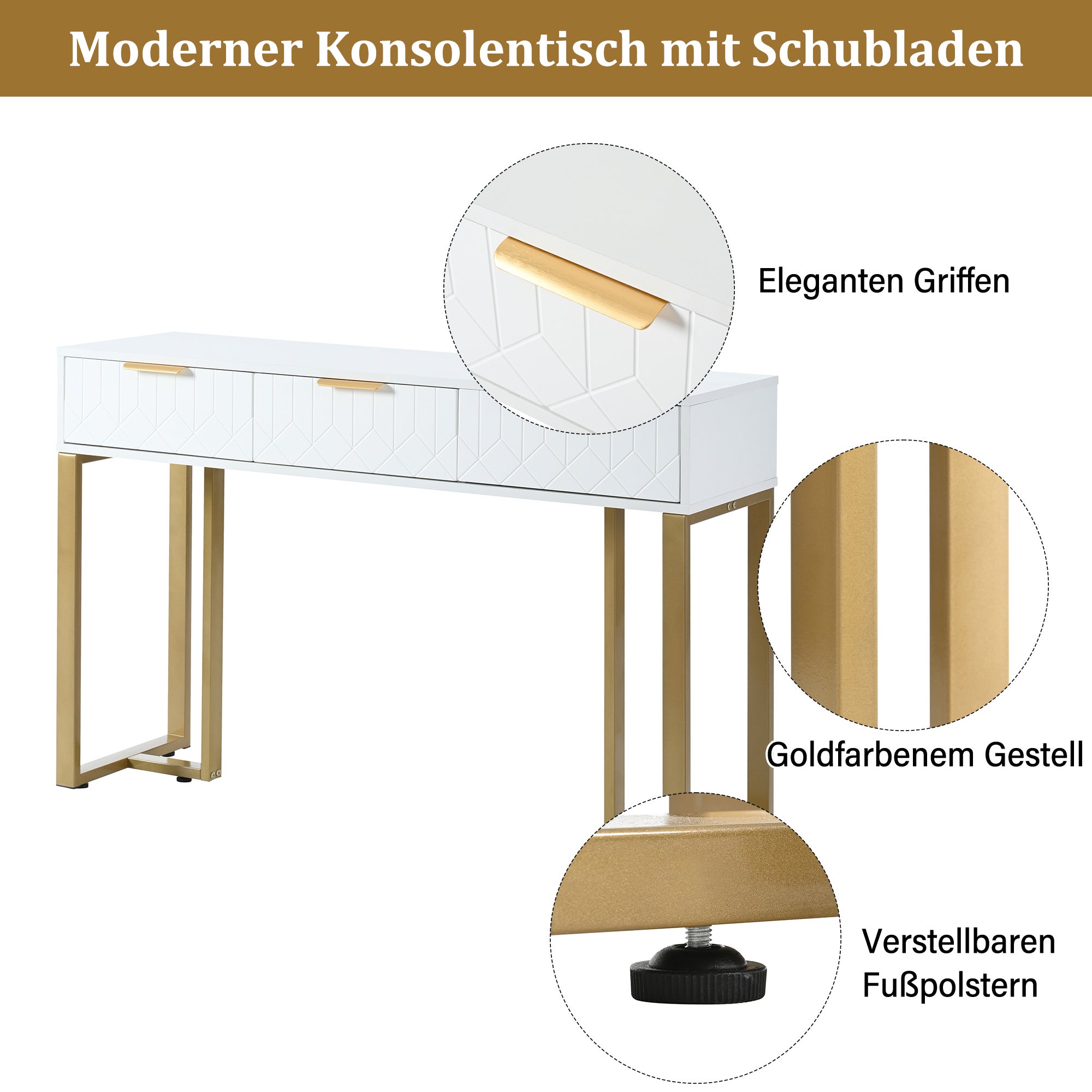 Table console moderne avec 3 tiroirs - 120 x 36 x 80 cm - MDF - pour salon, couloir - blanc + or - 9