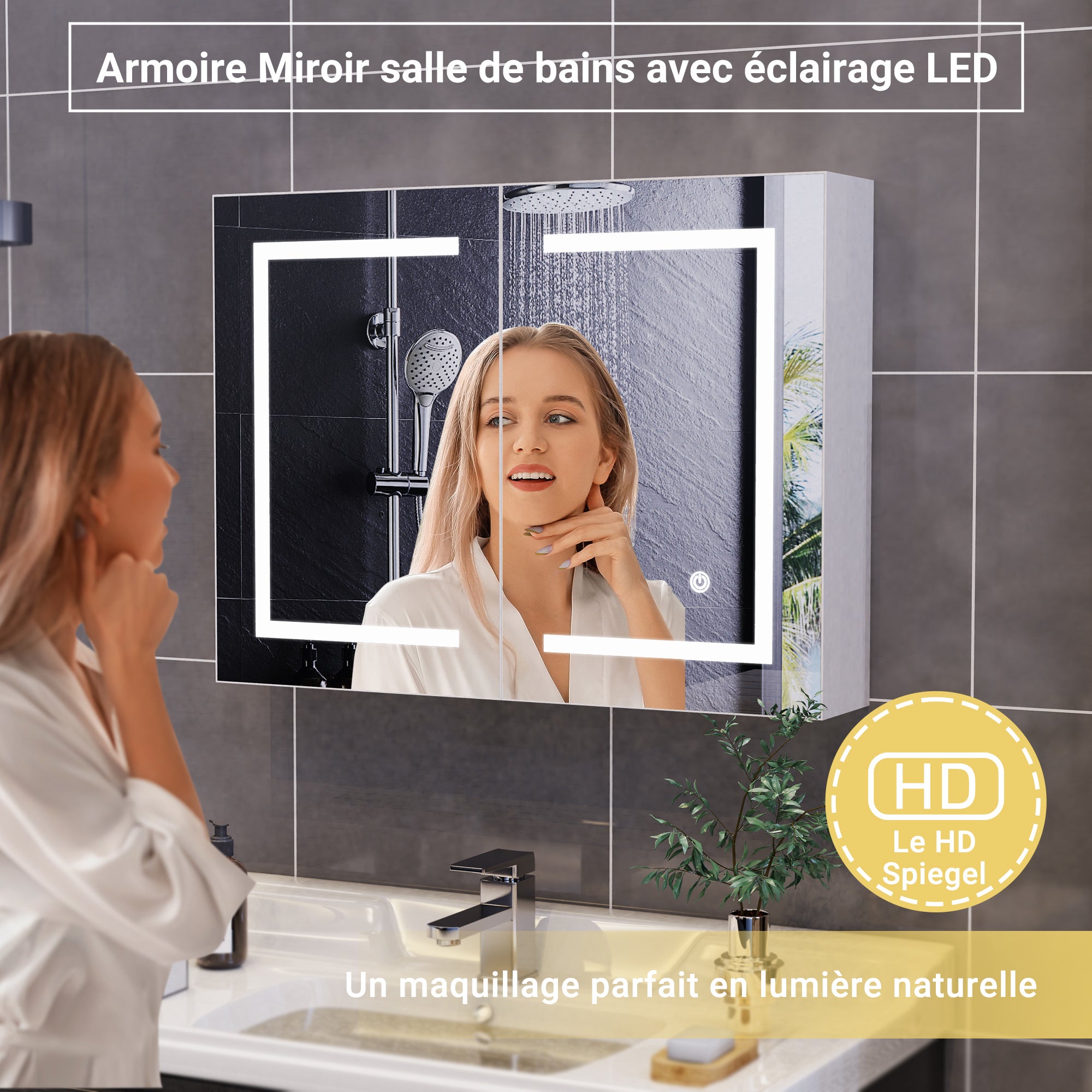 Armoire led 2p de toilette lumineuse, 80x13,5x60 cm, Armoire de salle de bain avec miroir, Interrupteur tactile, Étagère réglable, Dimmable, Blanc - 2