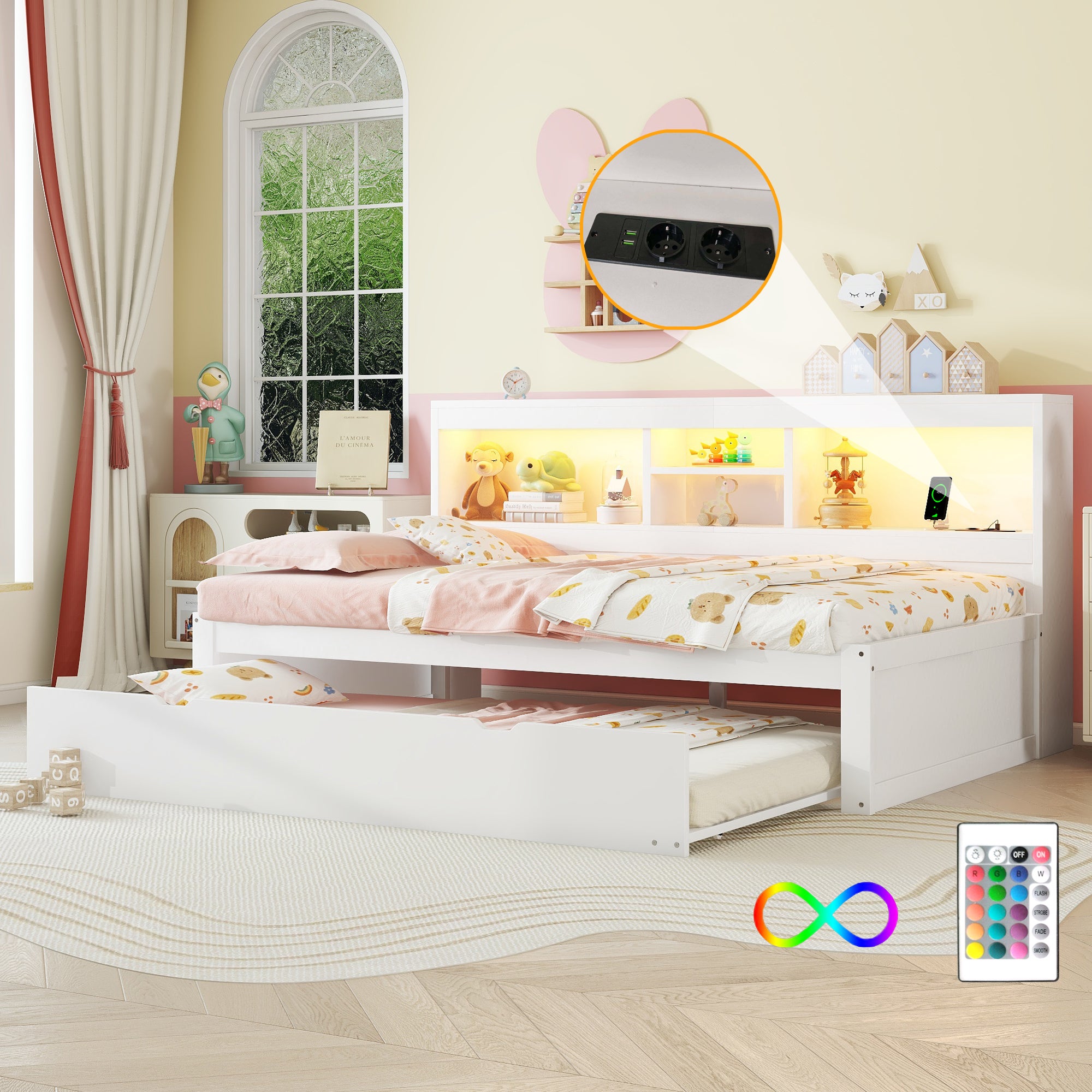 Łóżko wysuwane 90 x 200 cm + 90 x 190 cm z przegródkami i gniazdami USB - LED - Płyta wiórowa + MDF - Białe (bez materaca)