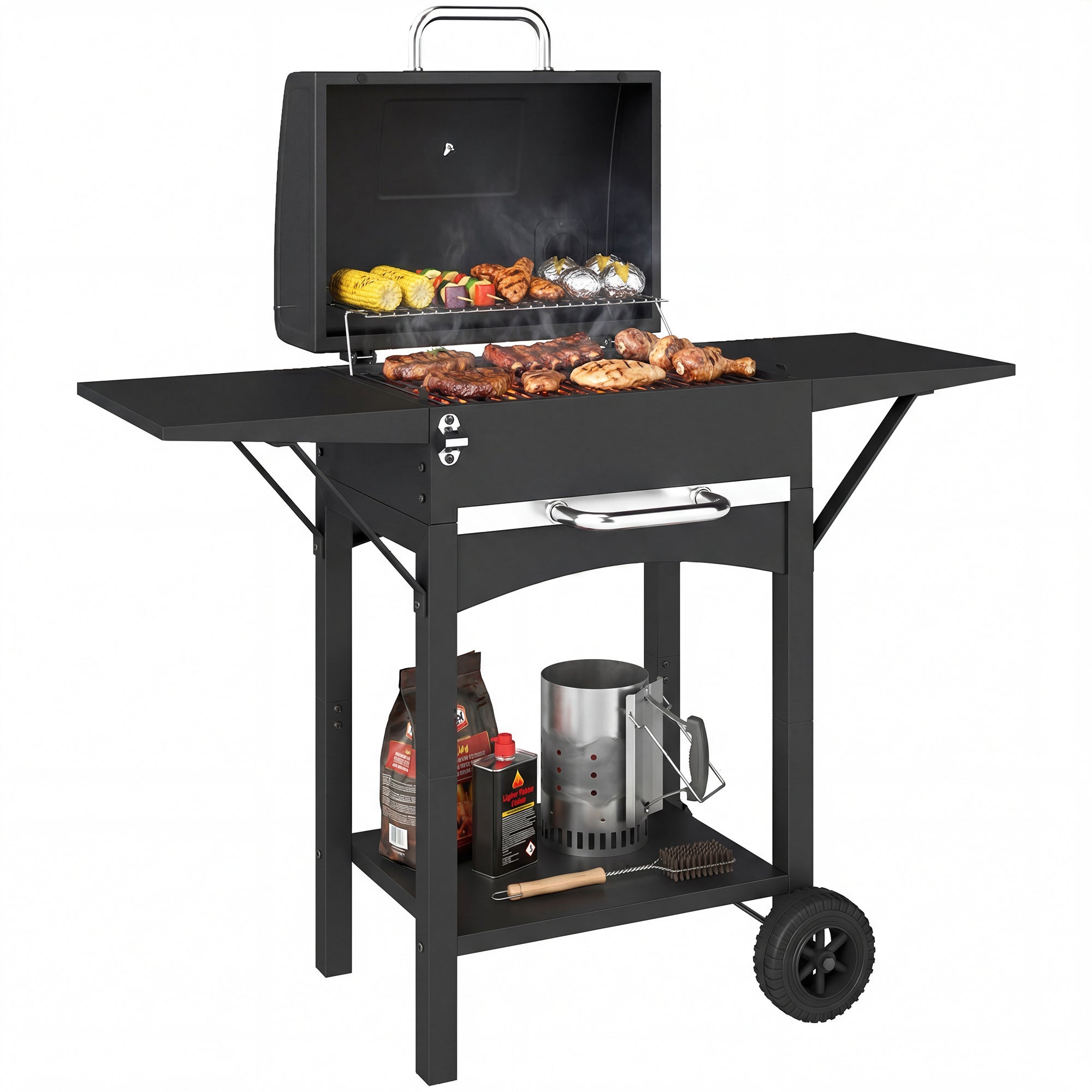 Barbecue à charbon avec couvercle, fumoirbarbecue avec 2 tablettes — free download