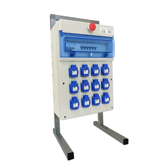 Coffret de chantier triphasé 400V - 12 prises 2P+T 16A avec arrêt d'urgence et support, TecKo