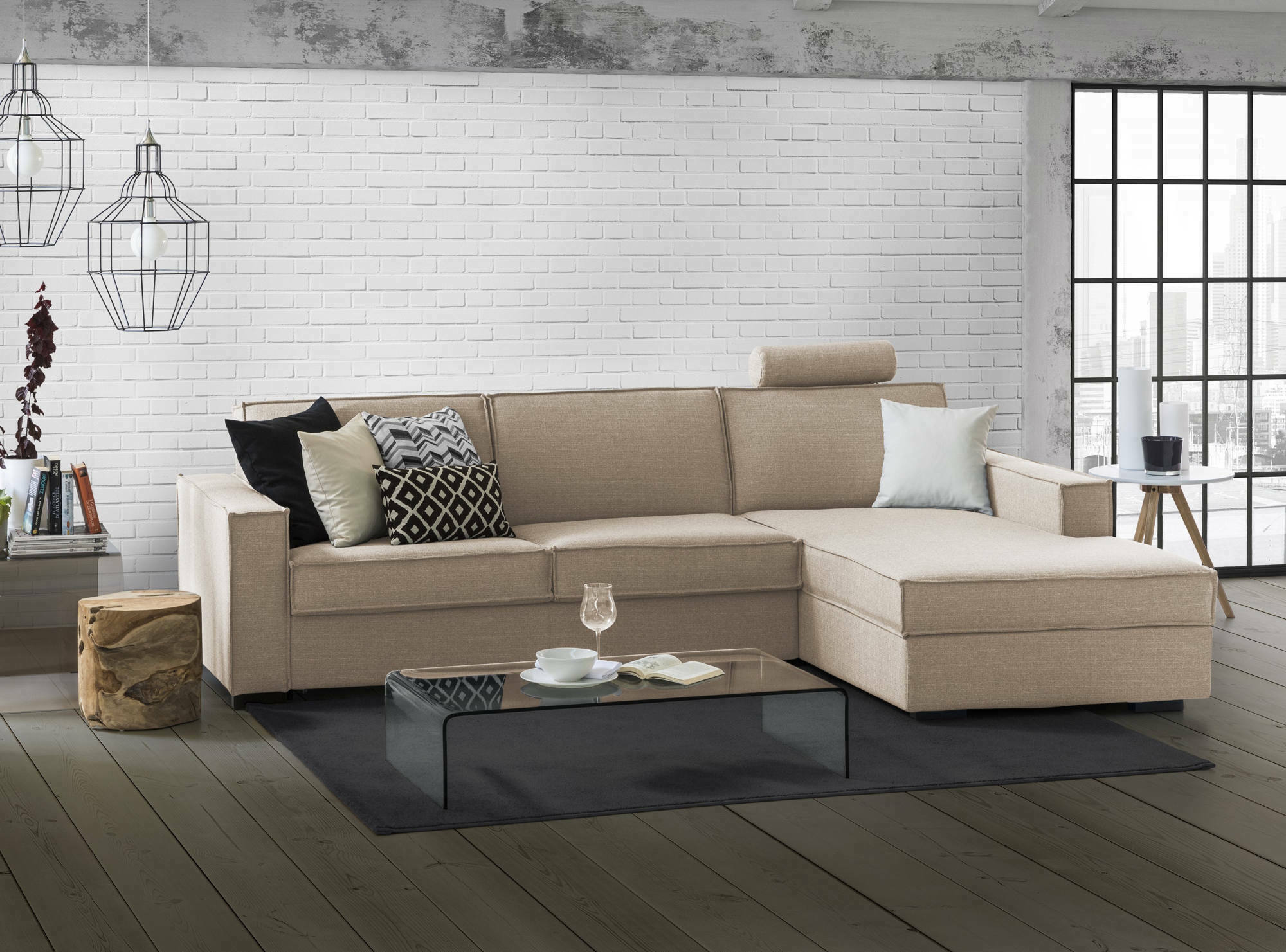 Sofá cama adelia, sofá de esquina, sofá con apertura giratoria, península contenedor derecha, con reposabrazos delgados, cm 260x95h90