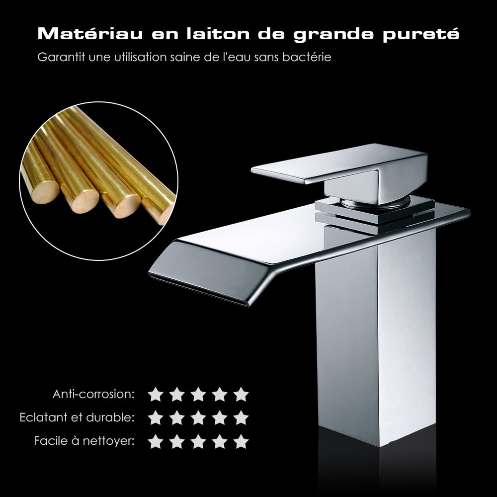 Robinet Salle de Bain Cascade Robinet de Lavabo en Laiton Mitigeur de Salle de Bain Chromé Forme Carré - 5