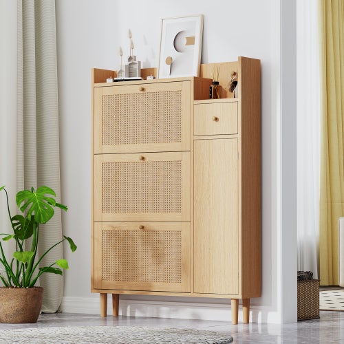 Meuble à chaussures en bois et rotin - 3 portes basculantes et 1 tiroir, naturel - 3