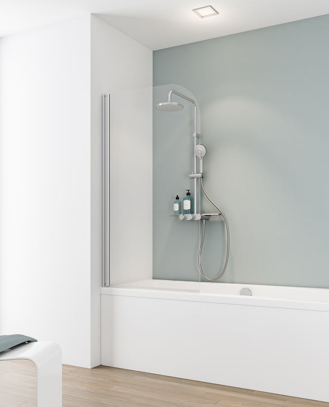 Pare-baignoire pivotant transparent alu-argenté H.140xl.80cm SCHULTE, paroi de baignoire réversible à coller, sans percer, écran 5mm pliant rabattable