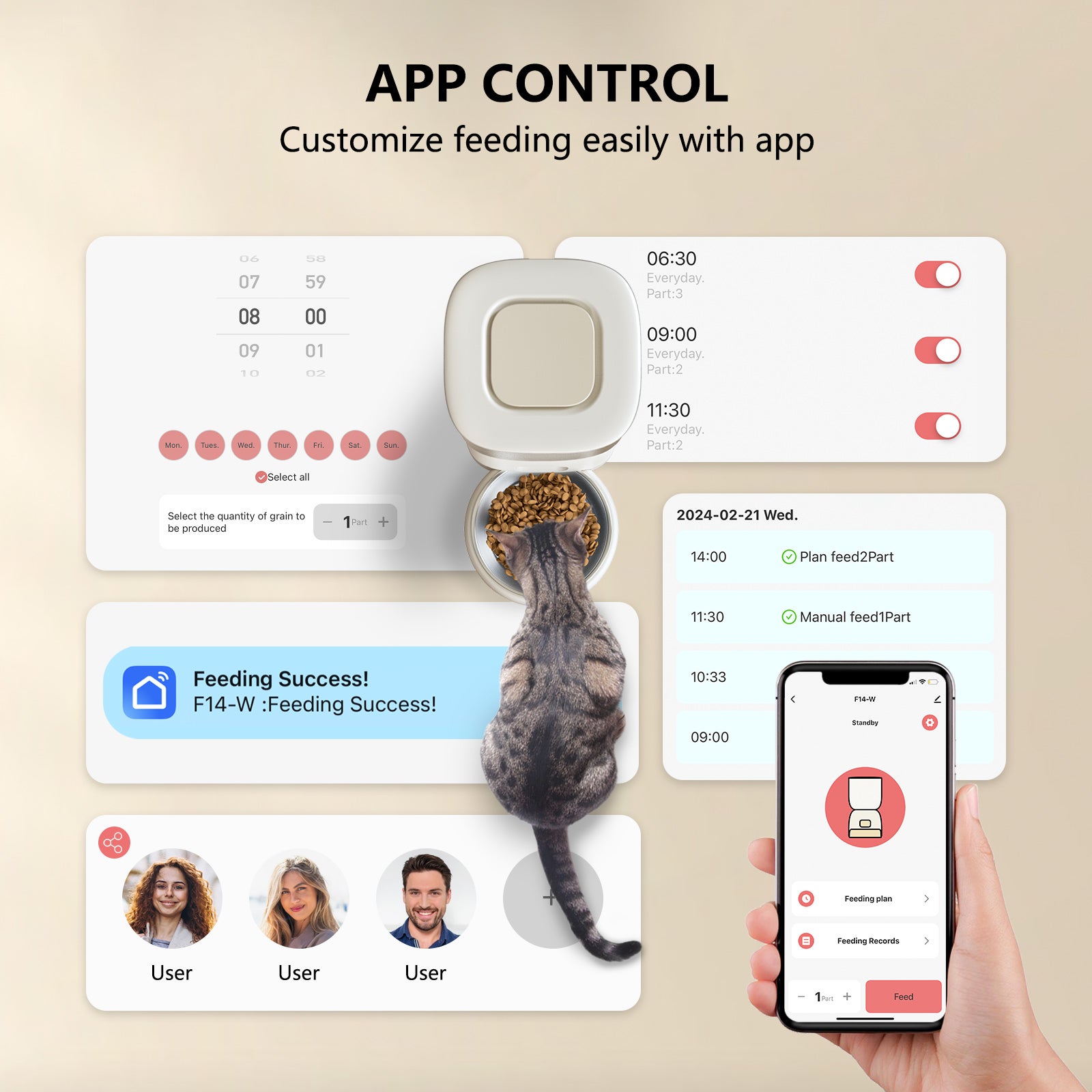 PUPPYKITTY PRO3L Distributeur Croquettes Chat Automatique WiFi, WiFi Distributeur Croquettes pour Chiens Et Chats, 1-10 Repas par Jour, Beige - 6