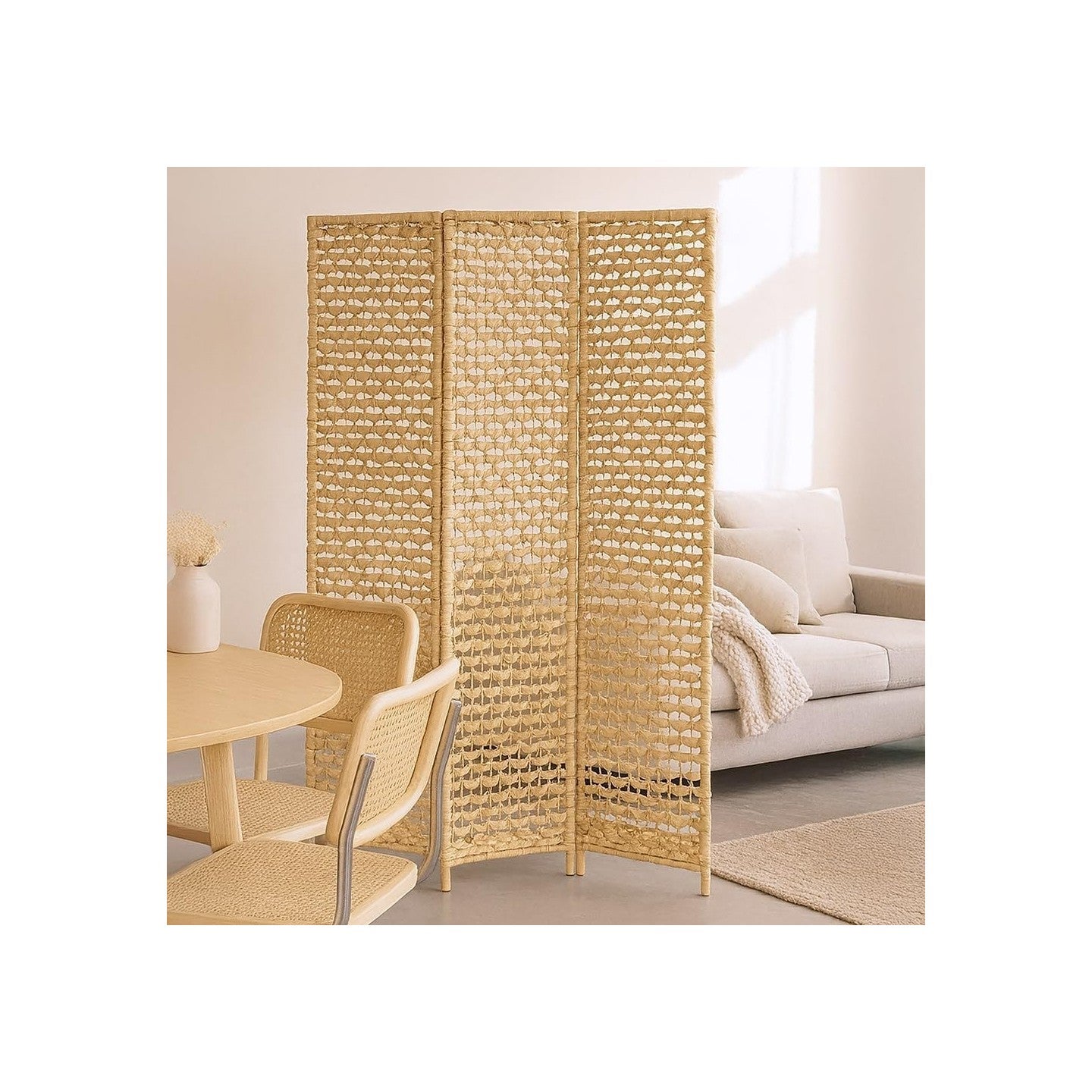 Paravent d'intérieur 3 panneaux jonc mer motif fleur 117 x 160 cm - 4