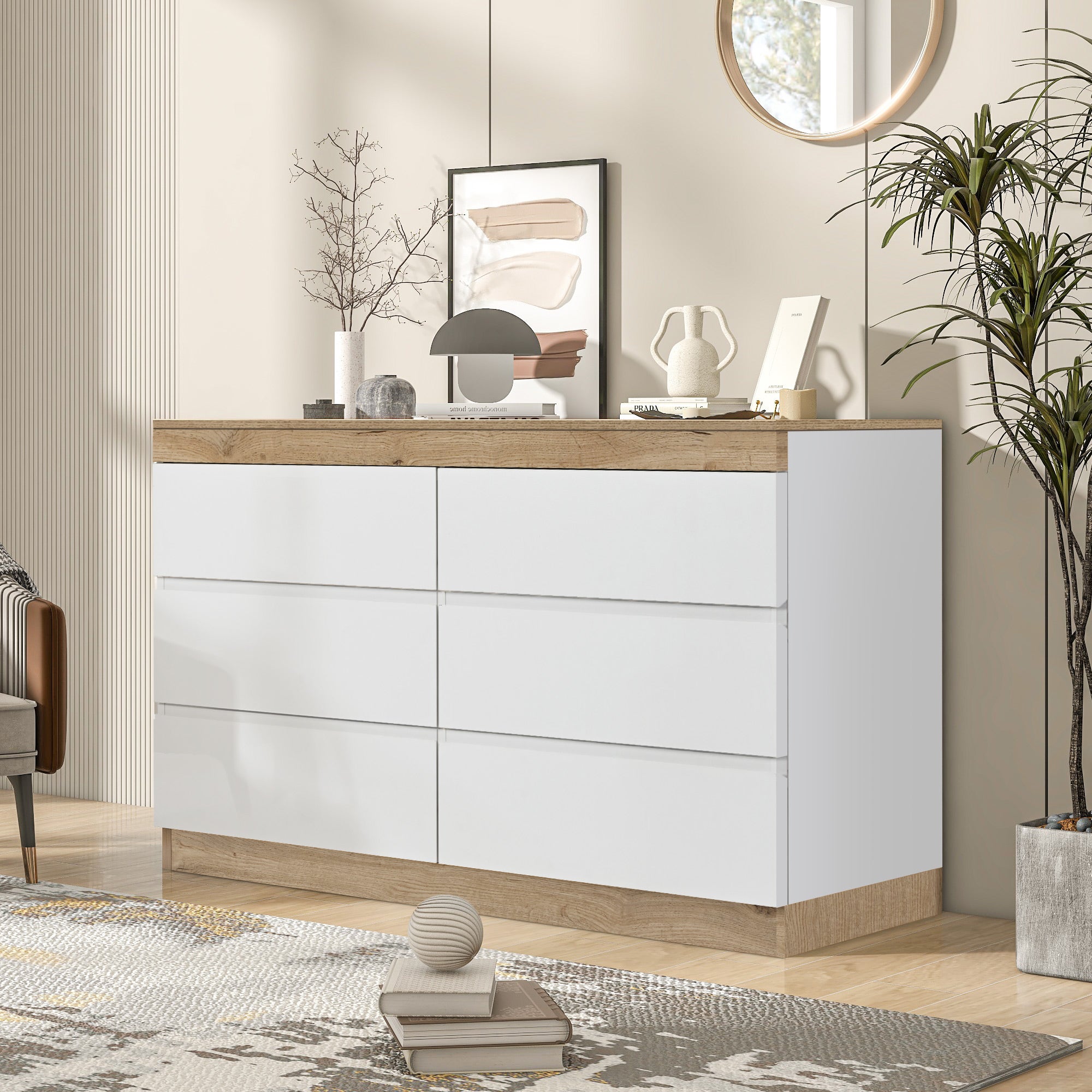 Armadietto con 6 cassetti e funzione di contenitore per camera da letto e soggiorno E1 pannello di particelle bianco + rovere - 2