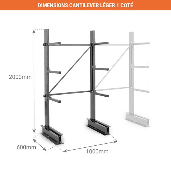 Rack cantilever 3 niveaux - 1 Coté - 2000x1000x700mm - Élément siuvant - Utilisable uniquement avec un module de départ - RAYCAN/3N/1C/60/S - 3