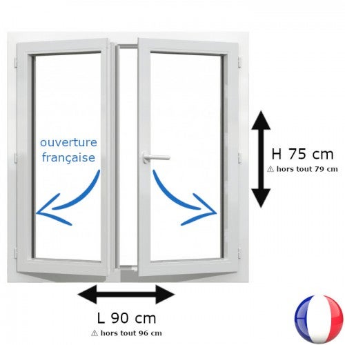 Fenêtre PVC 2 vantaux H 75 x L 90 cm OF pour pose en neuf avec poignée