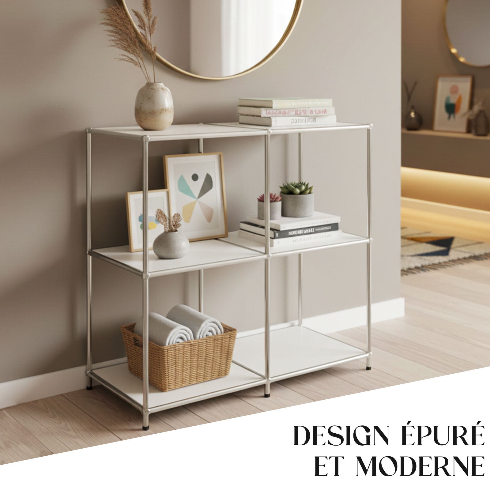 Étagère métal chromé design épuré, Concept Epuré MK-027 : 3 étages, 78 x 40 x 82 cm, Blanc - 7