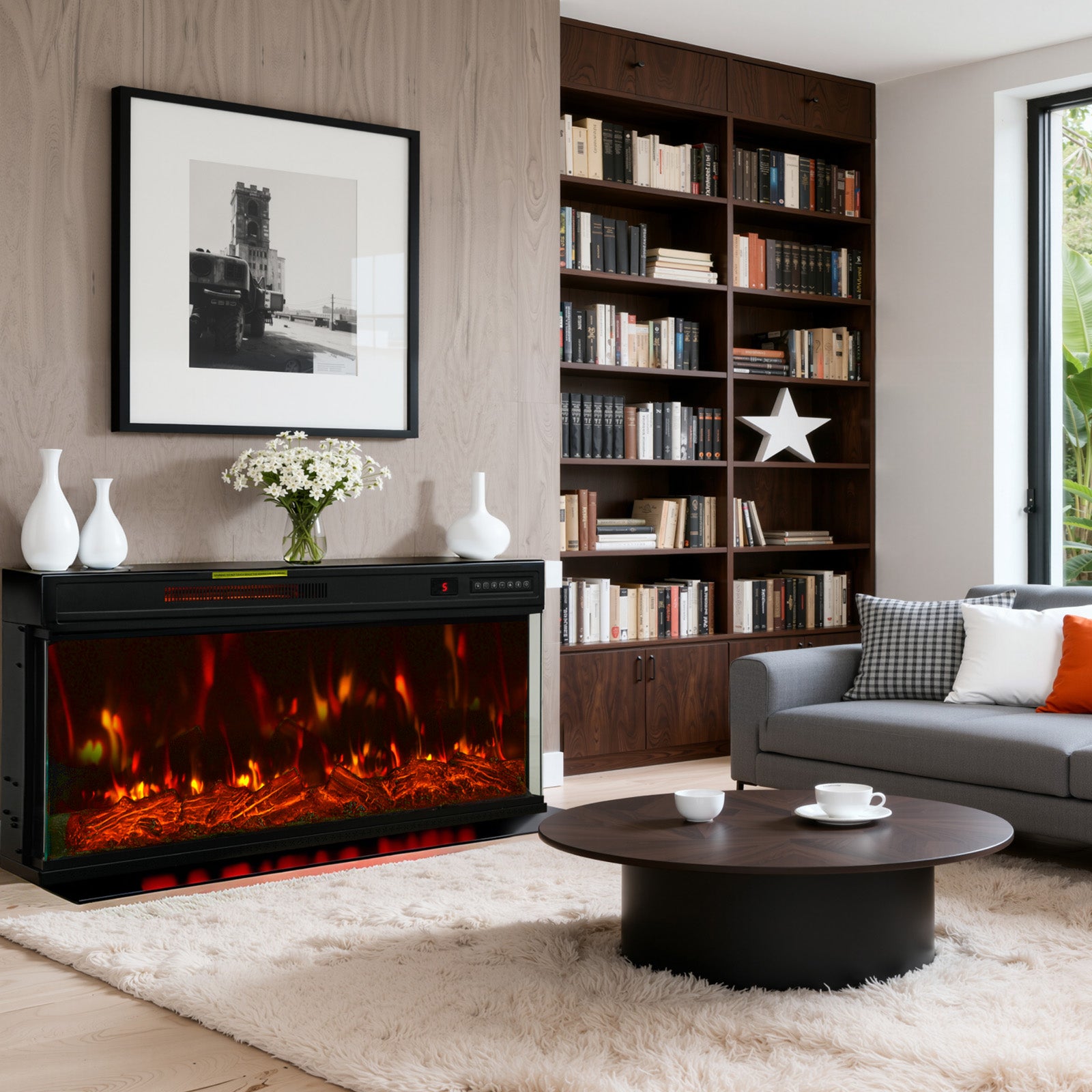 HOMAVO 36" Kominek Elektryczny, 1000/2000W, 12 Kolorów Płomienia 3D, Wymiary: 91.44 x 15 x 46 cm