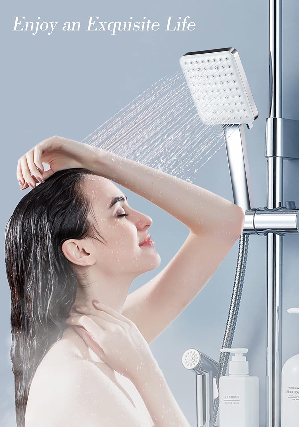 Pommeau de douche carré haute pression, universel et réglable, 6 jets, chromé. - 5