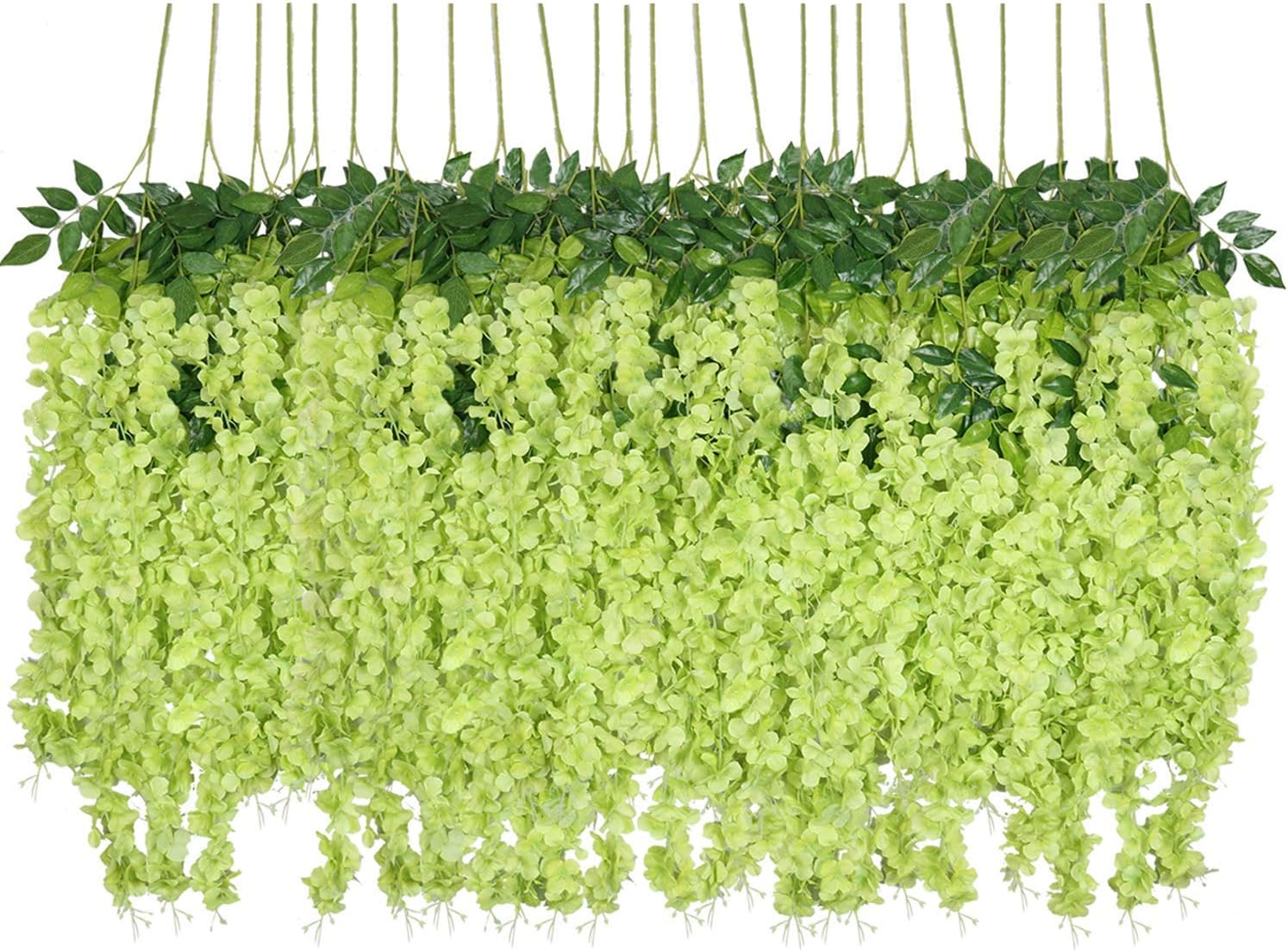 Sztuczne kwiaty, 24 sztuki sztucznej fałszywej glicynii, wiszące kwiaty jedwabne, dekoracja na przyjęcie (24 sztuki, 110 cm / każdy pęd, zielony)