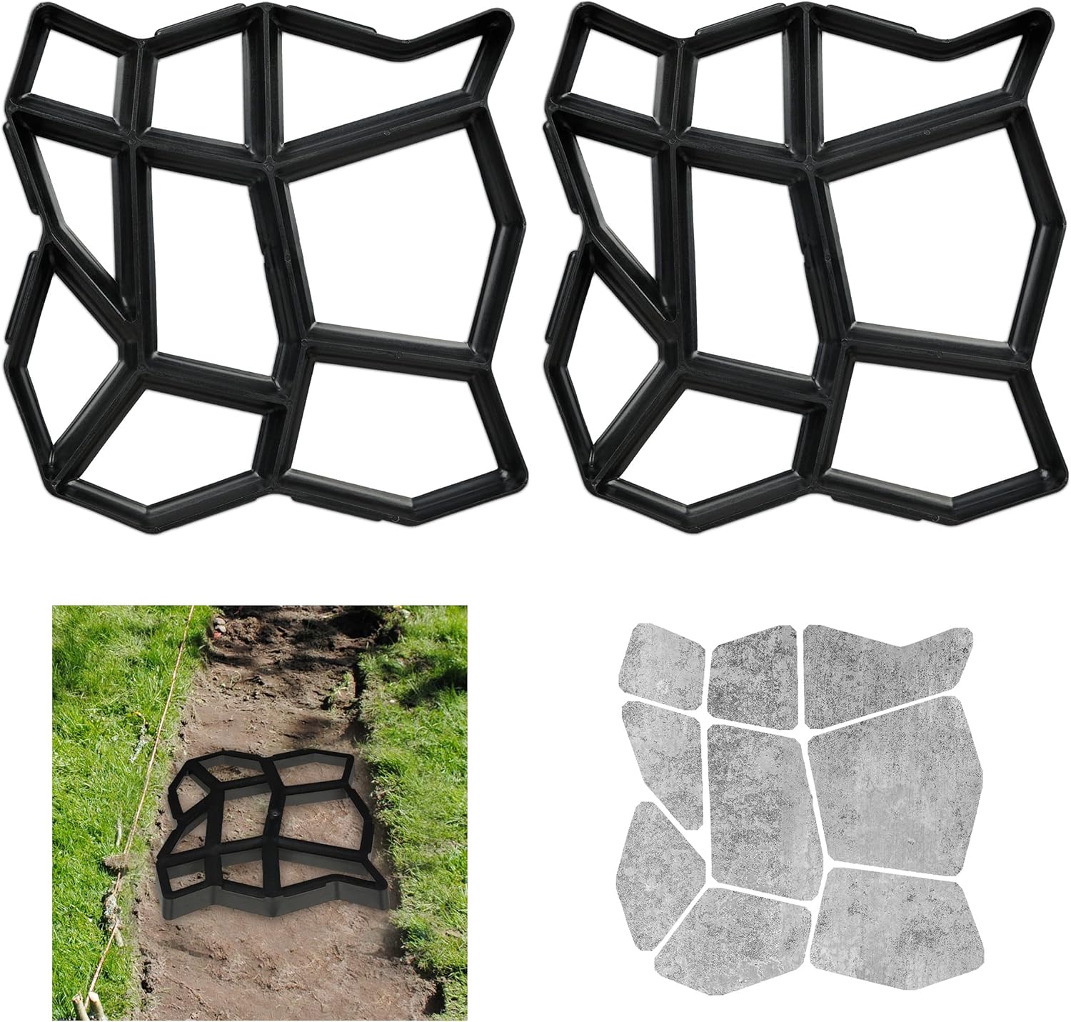 Zestaw 2 form do samodzielnego wykonania ścieżki ogrodowej, odlew własny, wys. x szer. x gł.: 4 x 43 x 43 cm, tworzywo sztuczne – kolor czarny