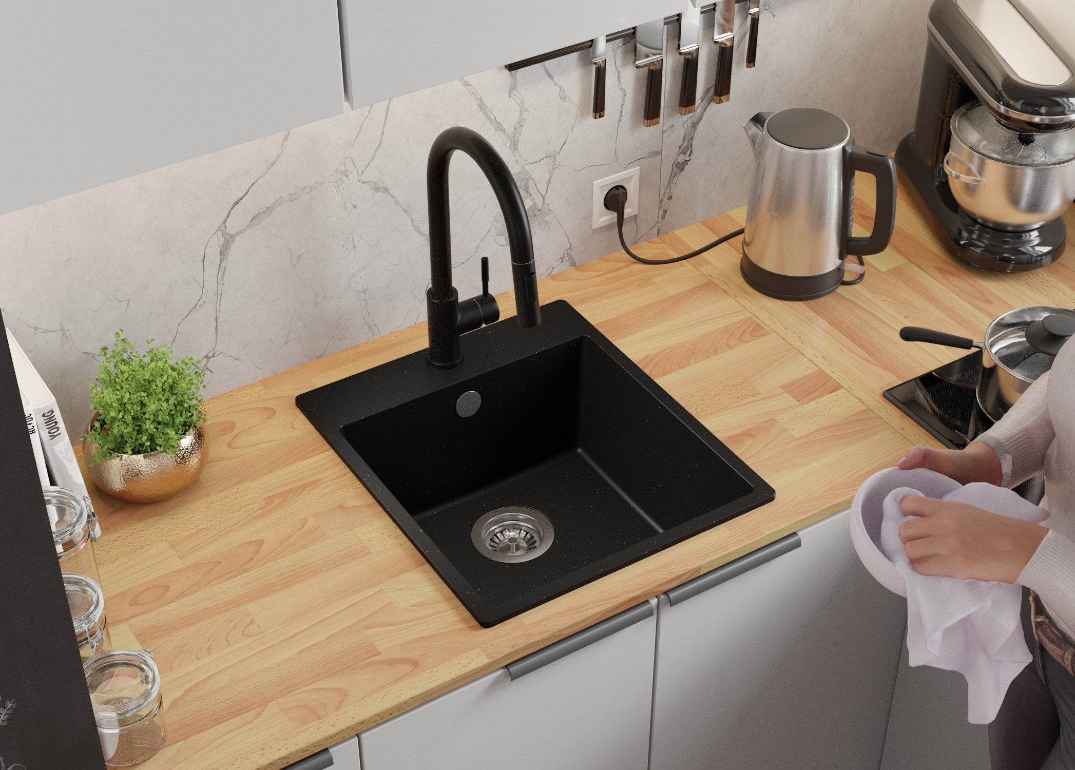 Evier Cuisine en Granit Noir Métallisé 43x50cm, Lavabo 1 bac + Kit de Vidage, Évier à Encastrer au meuble 45cm - Riga PRIMAGRAN - 3