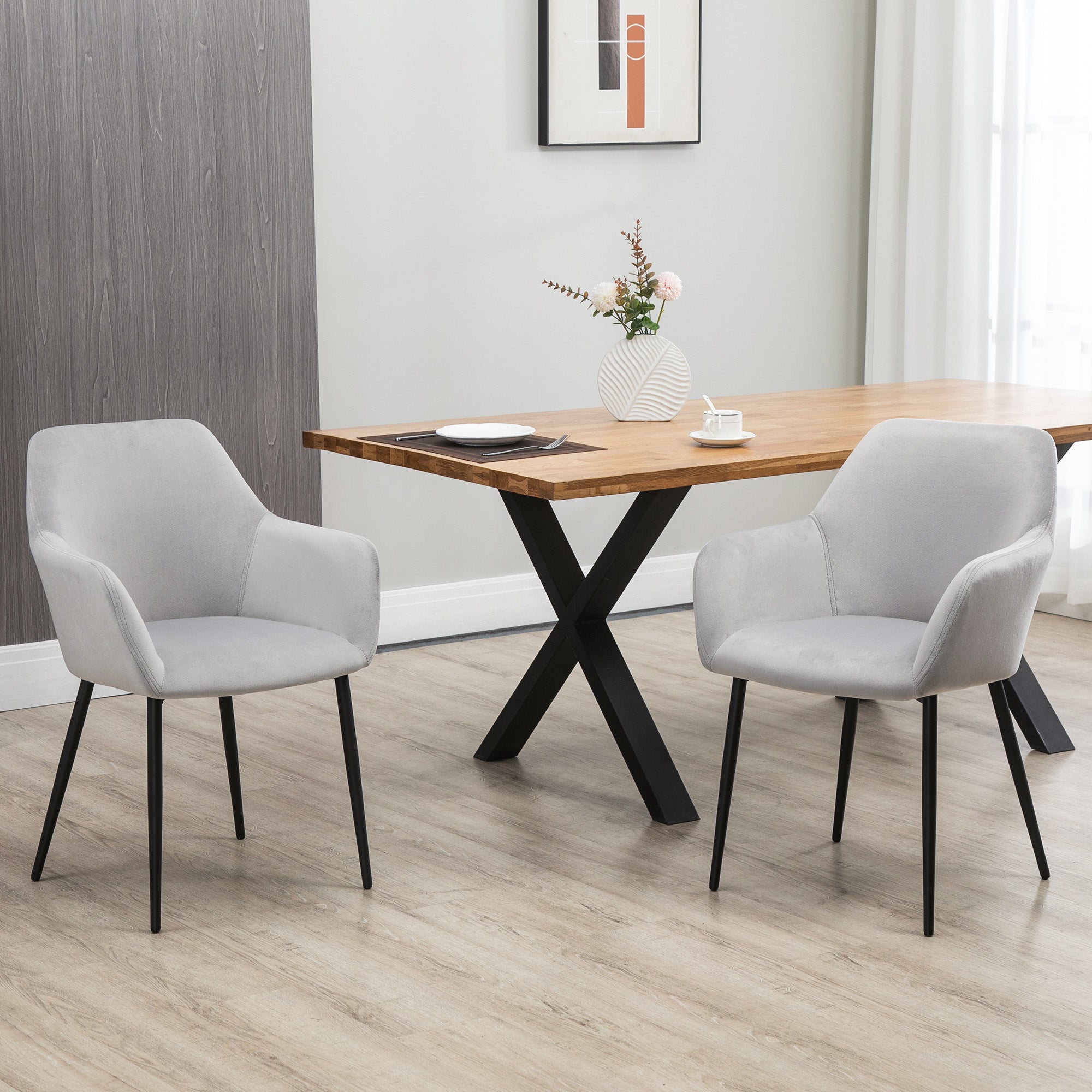 HOMCOM Set 2 Sedie per Soggiorno in stile Nordico con Schienale e Braccioli Ricurvi, Seduta Imbottita e Gambe in Acciaio, 54x57x80 cm, Grigio - 2