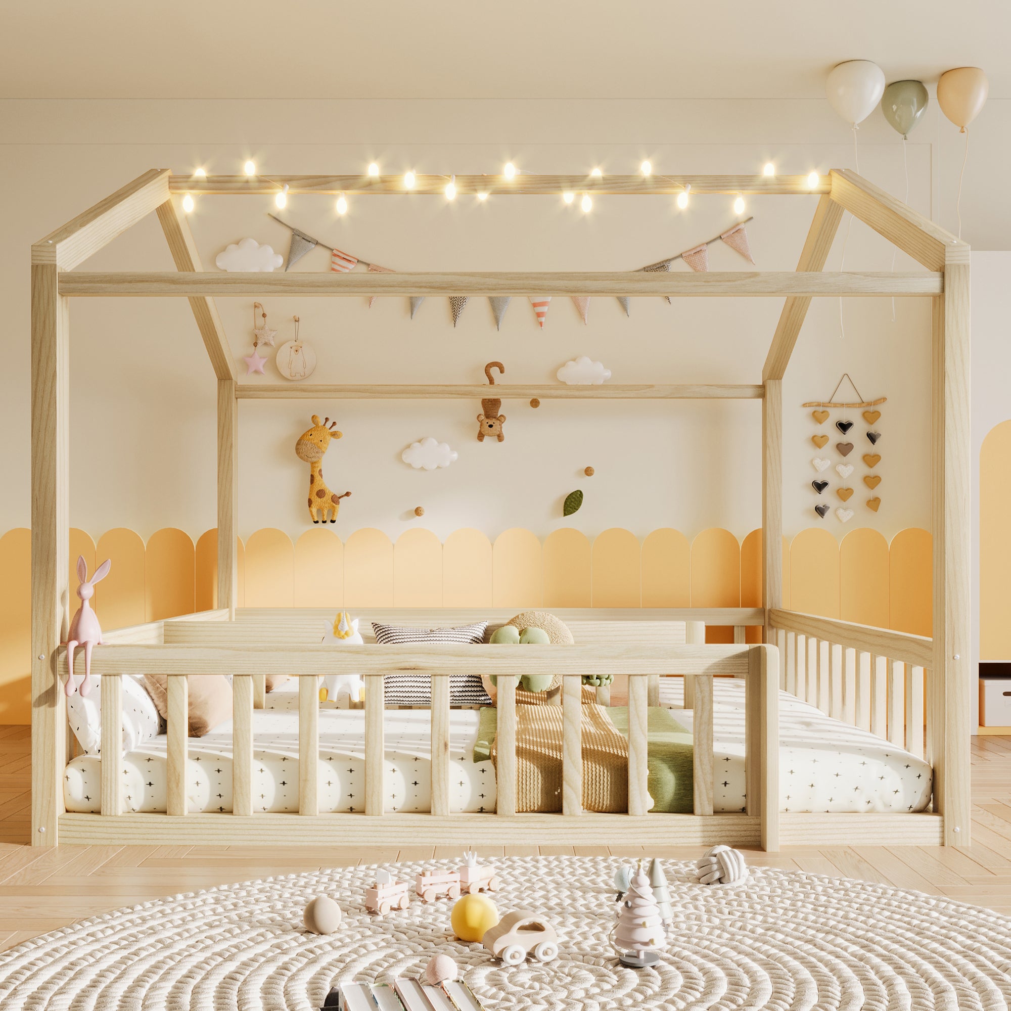 Lit enfant enfant Lit double 180x190 cm avec barrière, 90x190 cm x2 , style minimaliste, pin, LED intégrées, Natural - 2