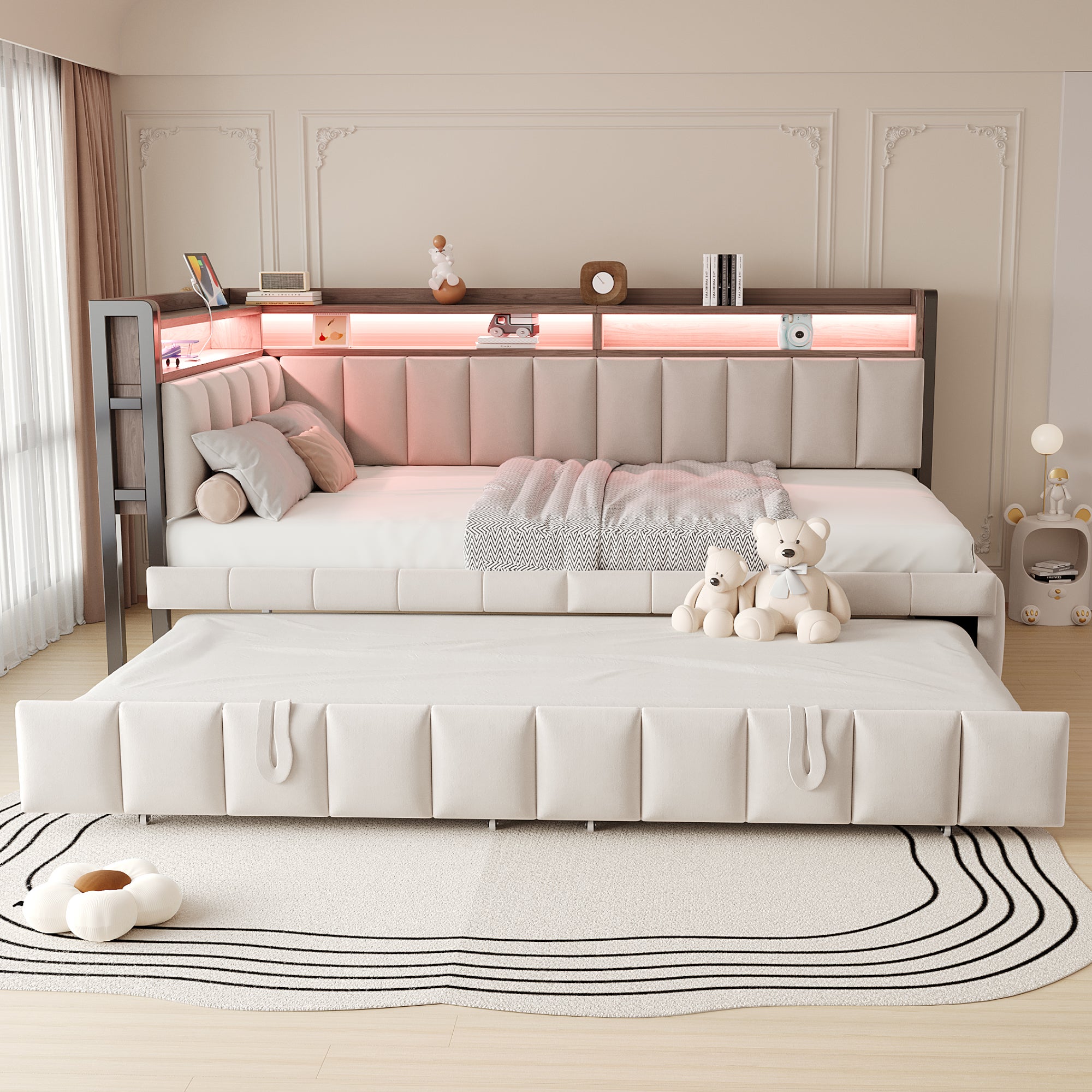 Tapicerowana sofa z łóżkiem 90x200 cm - Z wysuwanym łóżkiem - oświetlenie LED - porty USB i Type-C - beżowy (materac nie jest dołączony)