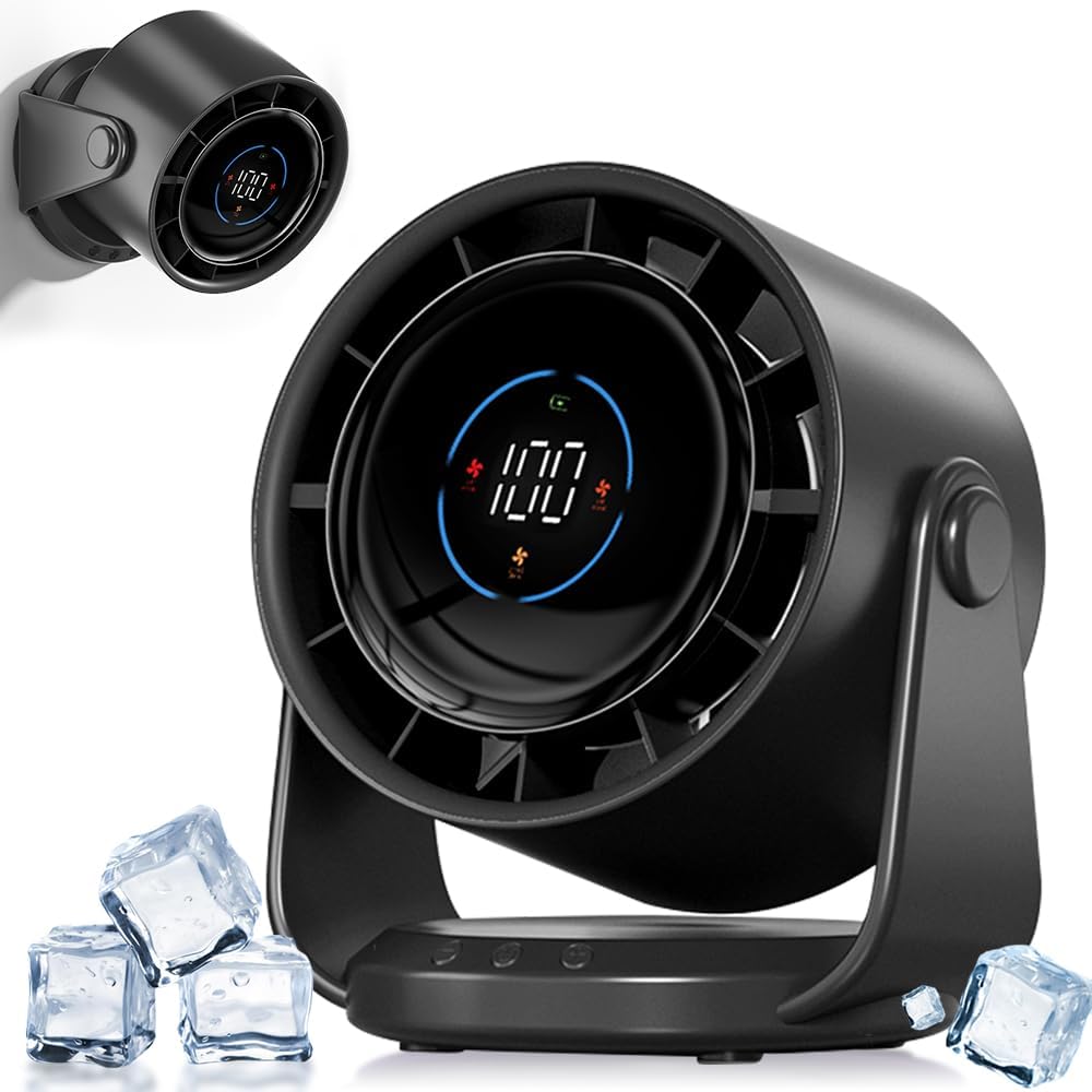 Wentylator zasilany baterią 5000mAh, wyświetlacz LED, 1 do 199 prędkości i obrotowa głowica 105°, elegancki czarny