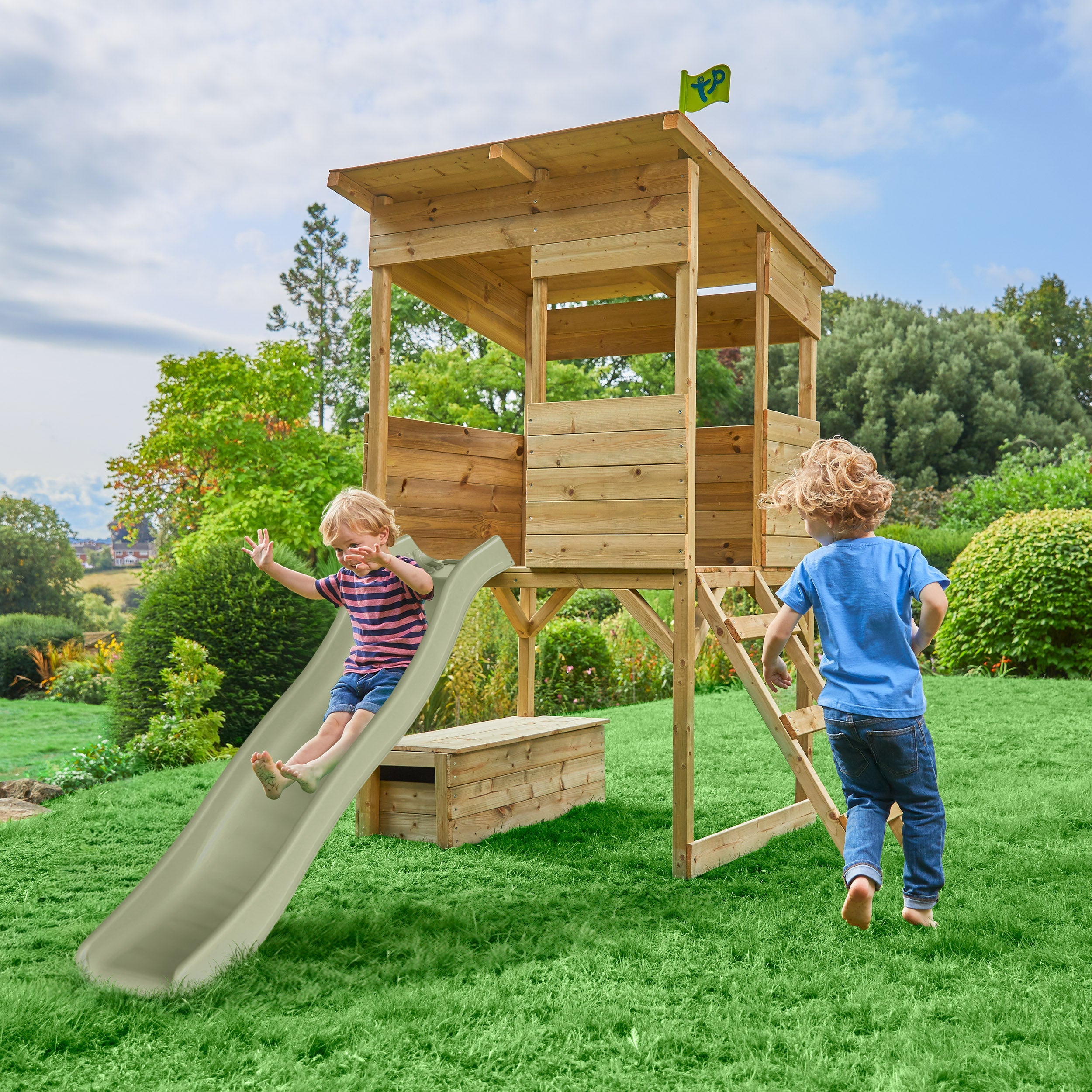 Cabane enfant sur pilotis avec toboggan vert kaki - bois FSC® - CIMES - 2