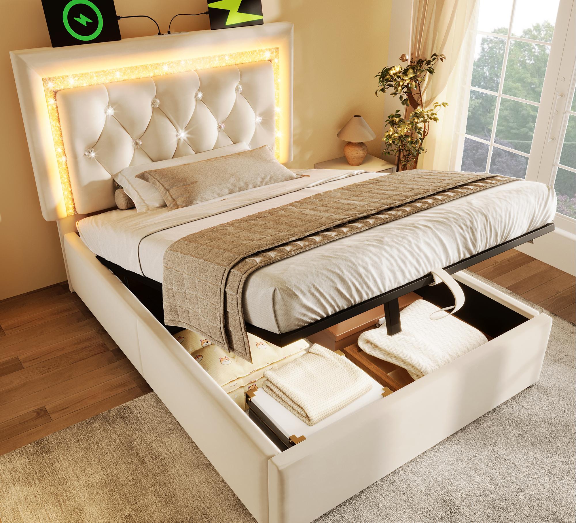 Łóżko tapicerowane 90x200 cm z aksamitu - z oświetleniem LED - z portami USB i typu C - ze stelażem listwowym - beżowe