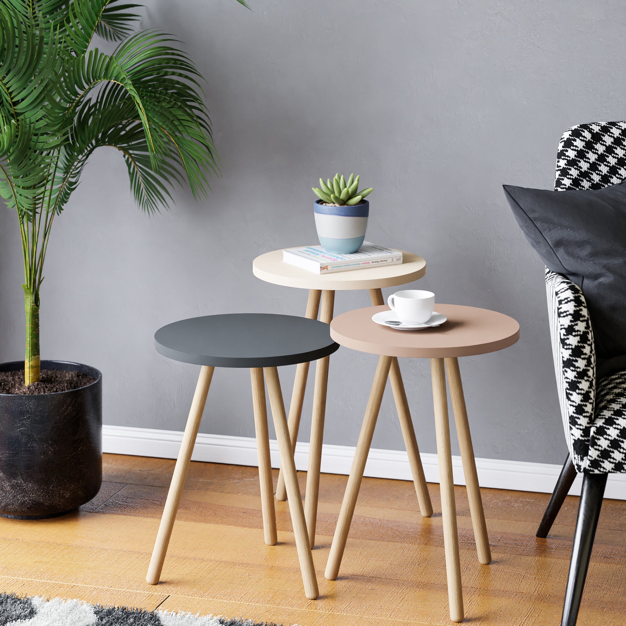 Set de 3 tables d'appoint Hjørring rondes trépied blanc / gris / rose ...