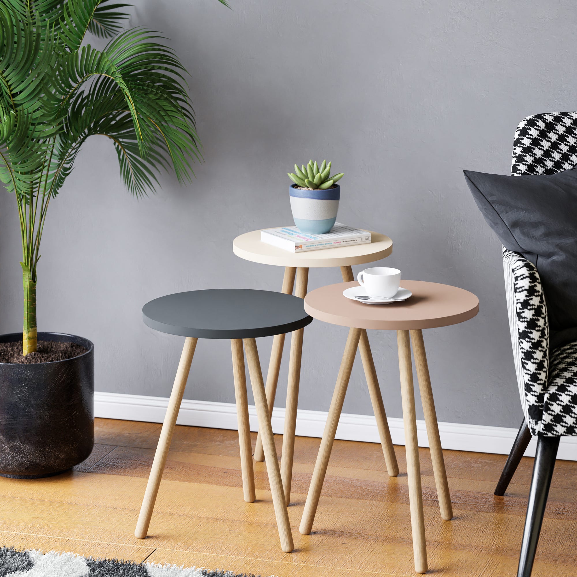 Set de 3 tables d'appoint Hjørring rondes trépied blanc / gris / rose ...