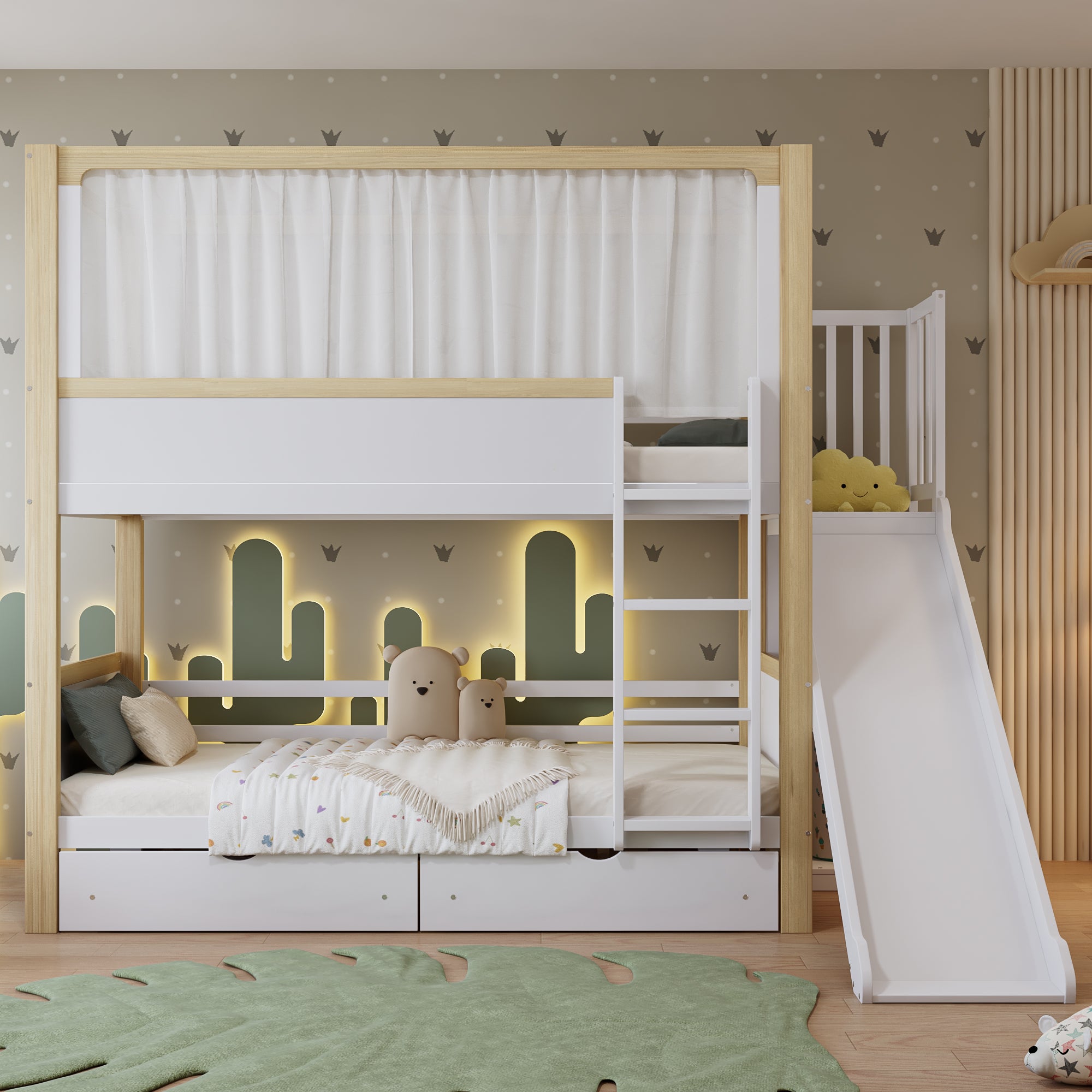 Łóżka piętrowe 2 x 90 x 200 cm z 2 szufladami, wysuwane - Sosna + MDF + sklejka - Białe + naturalne (bez materaca)