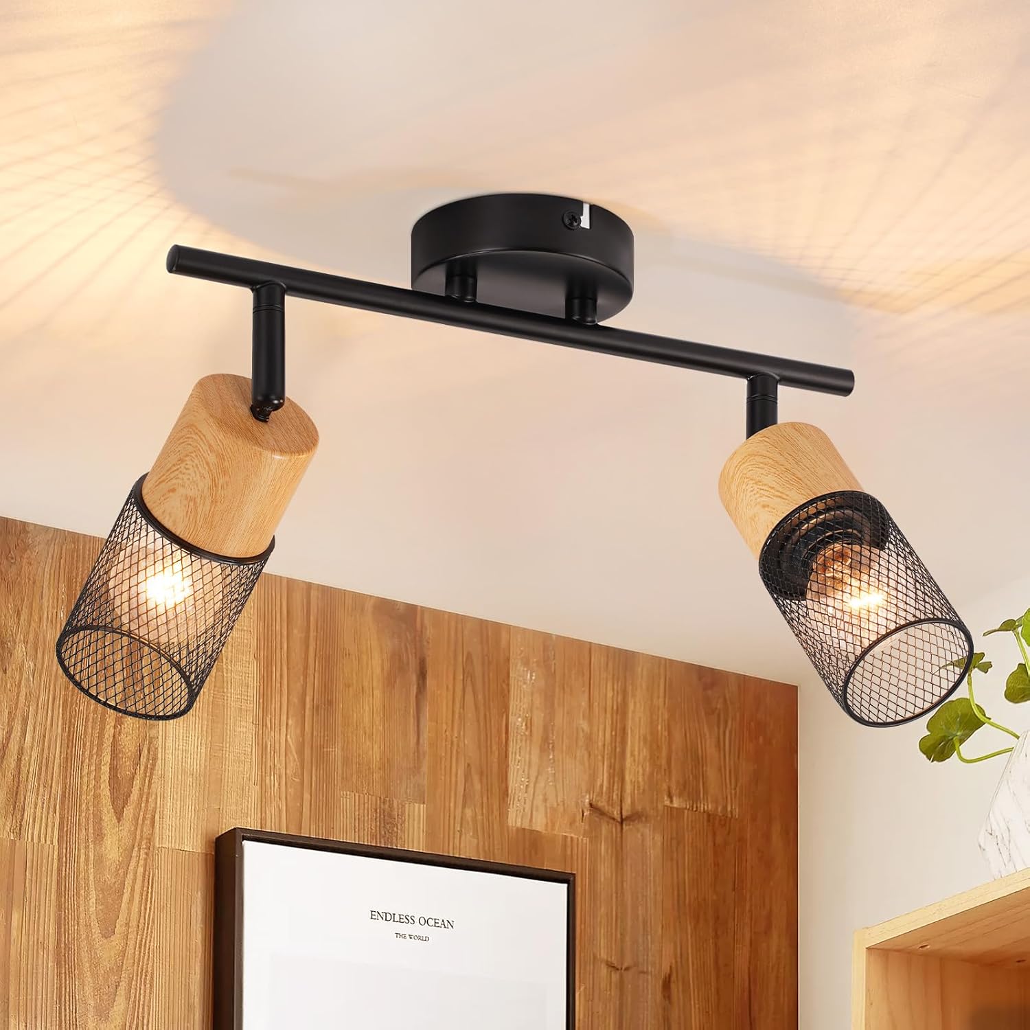 Nettlife Reflektorowa sufitowy 2-punktowy E14, drewniany, regulowany 350°, Lampa vintage retro