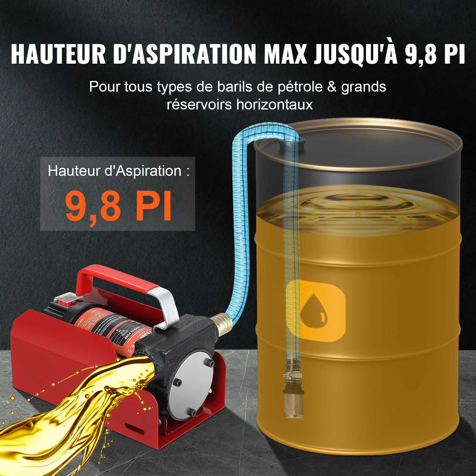 Pompe Transfert Diesel VEVOR 12V 37,8 L/min Pompe Carburant Électrique Buse Auto-Stop Tuyaux Aspiration & Rejet pour Gasoil Huile Kérosène - 3