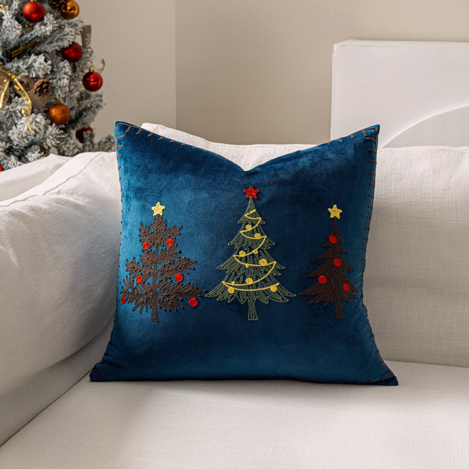Housses De Coussin Noël Motif Sapin - Lot De 2 - 45x45 Cm - Bleu - Lavable En Machine