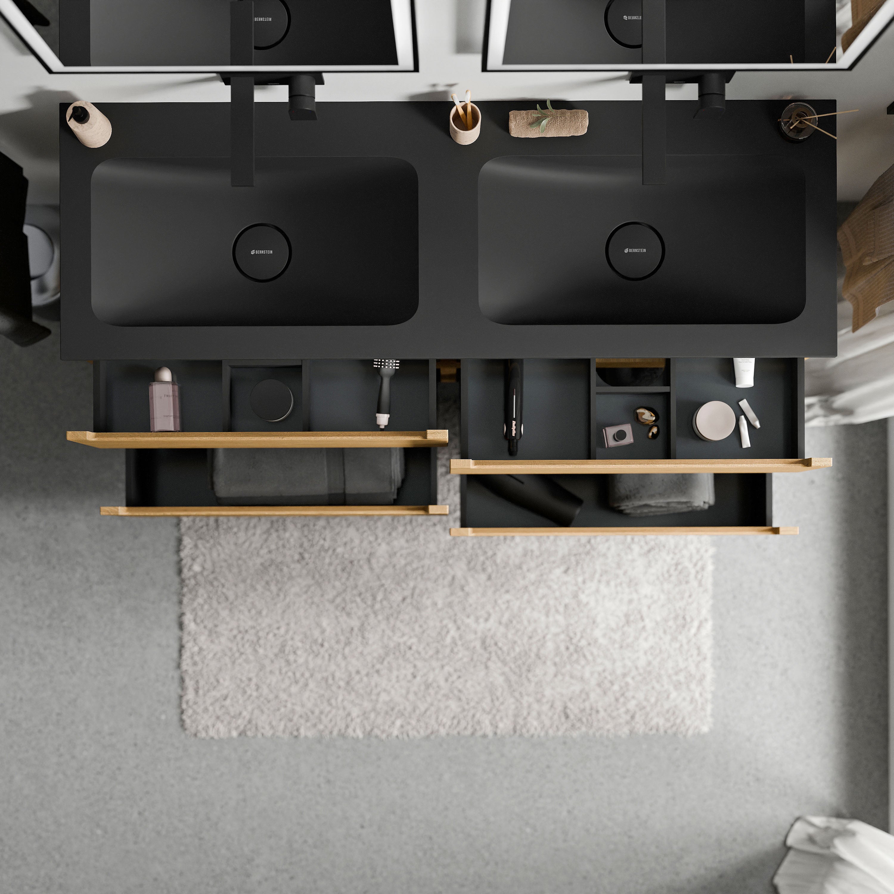 BERNSTEIN - Meuble double vasque suspendu MDF Chêne miel, lavabos fonte Noir mat sans trou robinet, tiroirs pivotants - 140x46x62cm - VIREO - 3