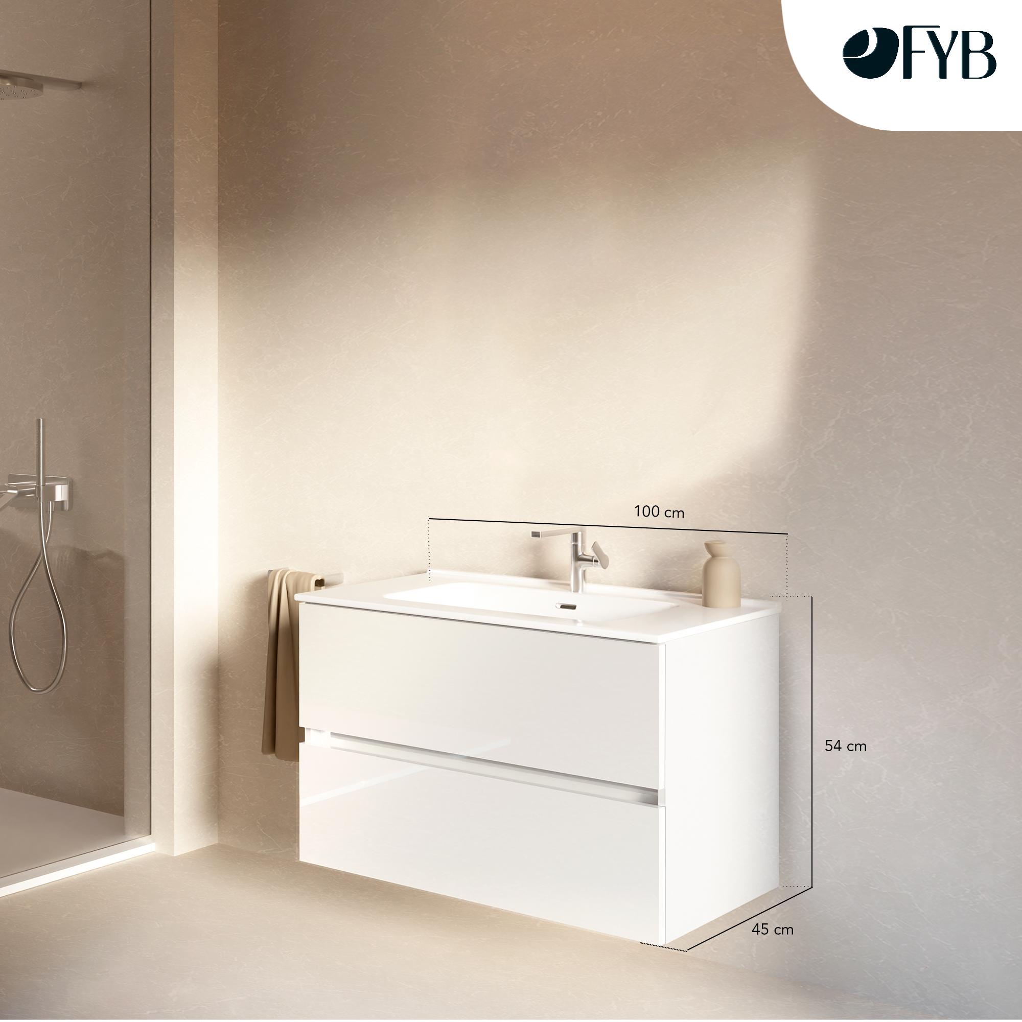 Feel Your Bath Meuble de Salle de Bain Lion Blanc 100 cm avec Plan Céramique Blanc Brillant – Élégant, Compact, Installation Facile - 3