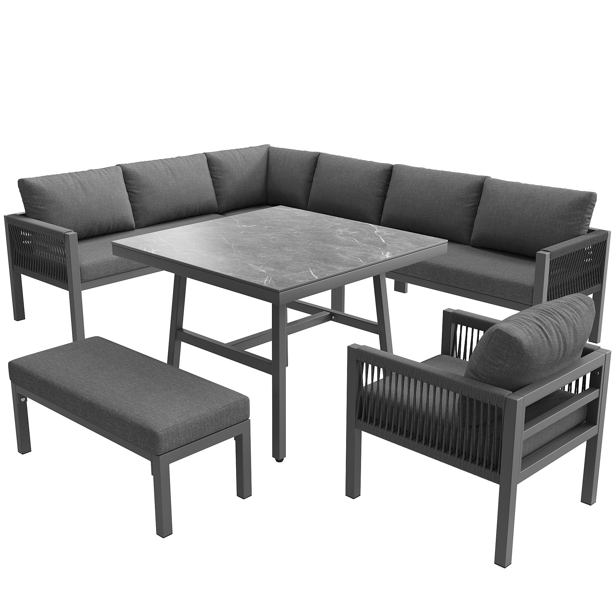 Conjunto Jardín Exterior de Trenzado a mano 9 Plazas Set Jardín en Forma de L con Sofá de Esquina+1 Mesa de Cristal Marmolado+1 Sillón+ 1 Banco - Gris - 4