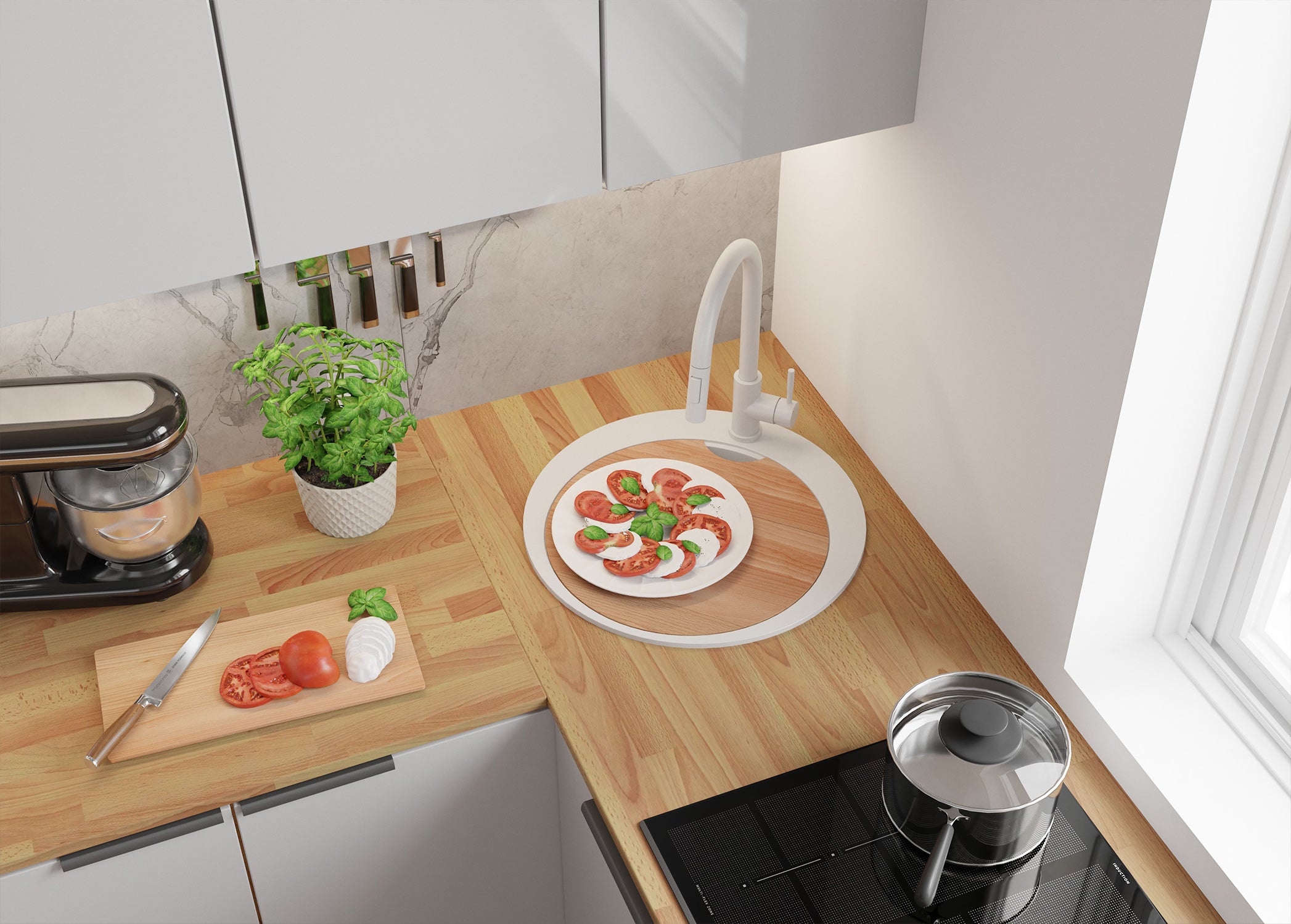 Zlewozmywak Granitowy Okrągły Cały Biały 50x50cm, Zlew Kuchenny 1 Komorowy + Syfon + Akcesoria, Nablatowy do szafki od 45cm - Piza PRIMAGRAN - 4
