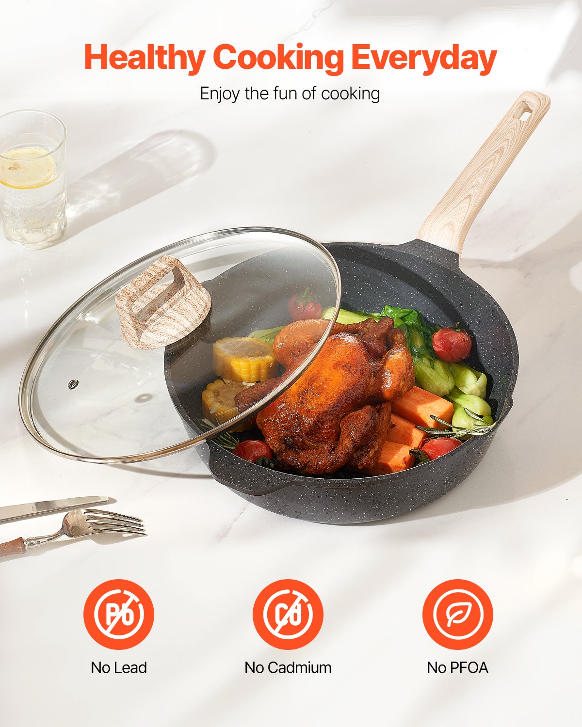 Batería de Cocina 17 pcs,VEVOR Sartenes y Ollas Inducción,Revestimiento Antiadherente Granito,Tapas de Vidrio Templado,Fritura,Salsa,Salteado - 3