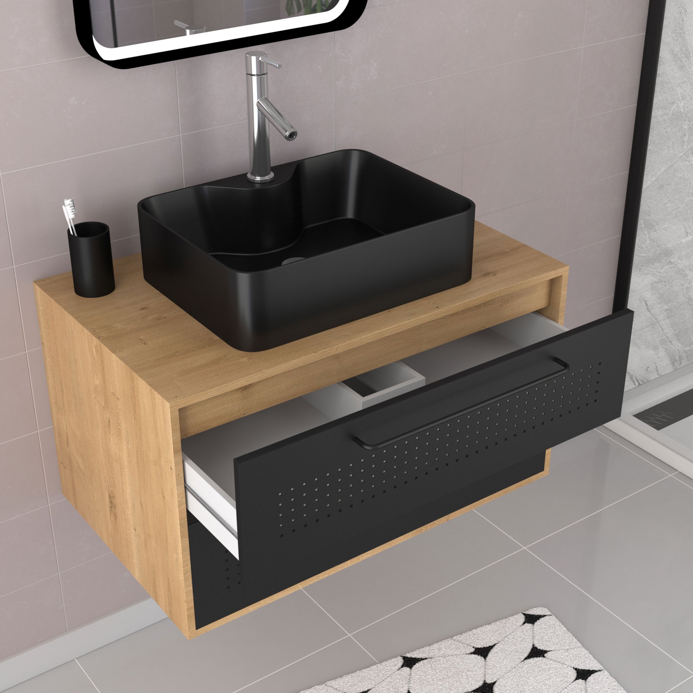 Meuble De Salle De Bain Sous Lavabo En Bois Noir - 80x33x60 Cm - Avec 4 Tiroirs Et 1 Compartiment à Porte - Design Moderne, Rangement Optimisé
