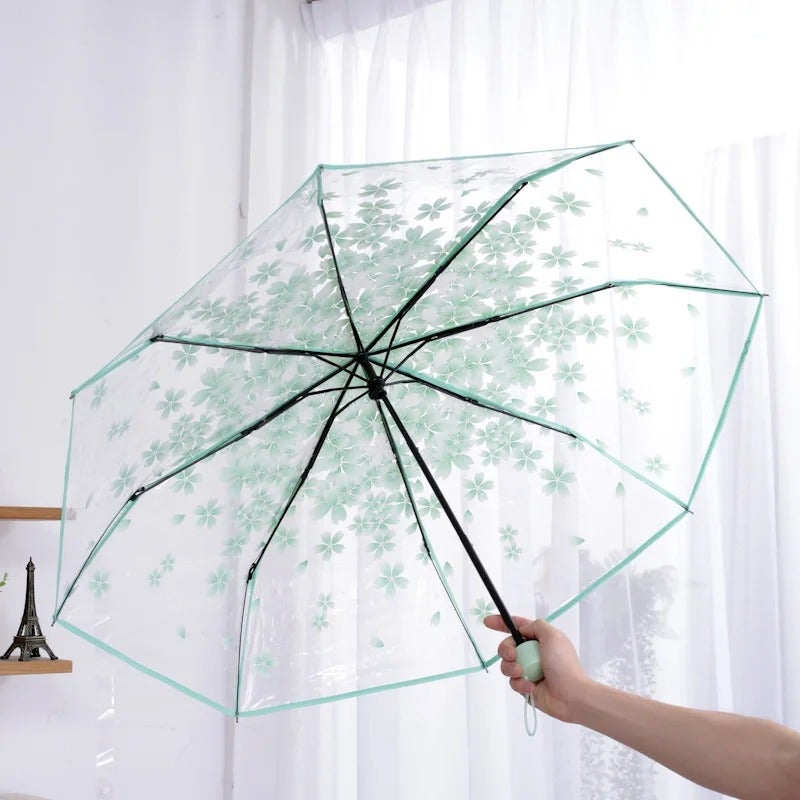 Składany Parasol, Transparentny Parasol z Kwiatami, Parasol Sakura Princess z Motywem Kwiatów, Lekki, Transparentny, Wiatroodporny Parasol Podróżny
