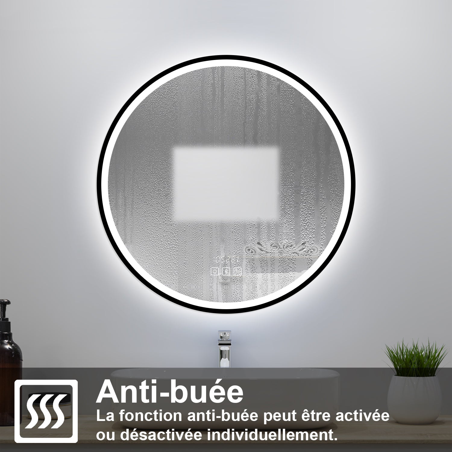 Miroir lumineux de salle de bain avec Bluetooth Rond 90cm， Horloge + 3 Couleurs + Dimmable + Anti-Buée, Noir Cadre Non-Métallique - 5